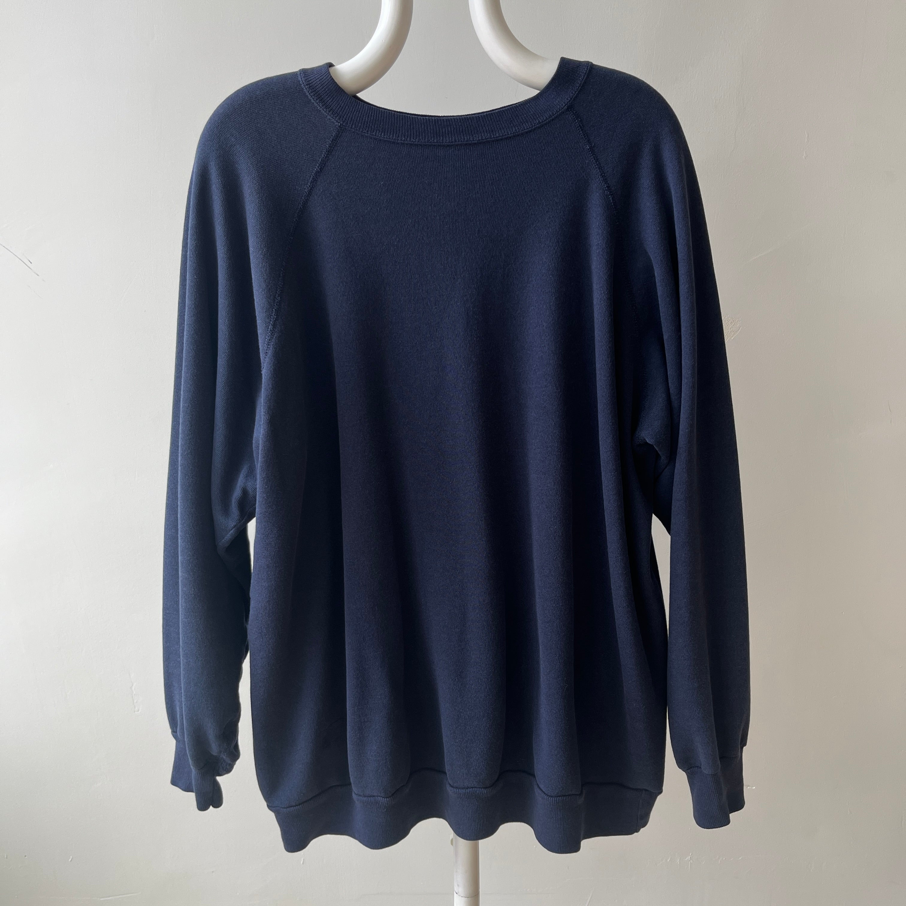 1980s Beat Up and Mended Slouchy Larger Fit Navy Raglan Sweatshirt