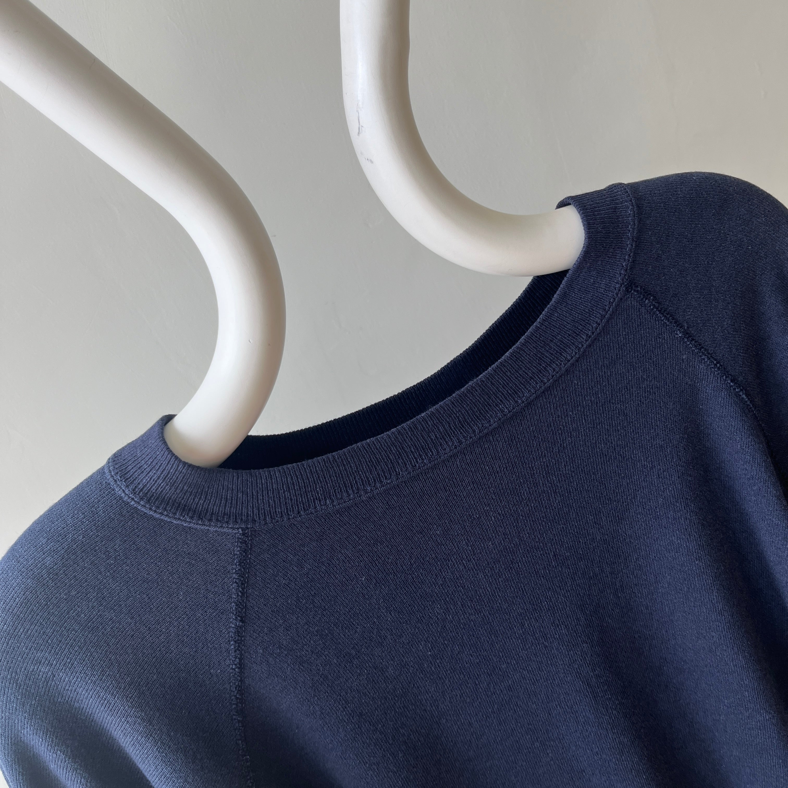 1980s Beat Up and Mended Slouchy Larger Fit Navy Raglan Sweatshirt