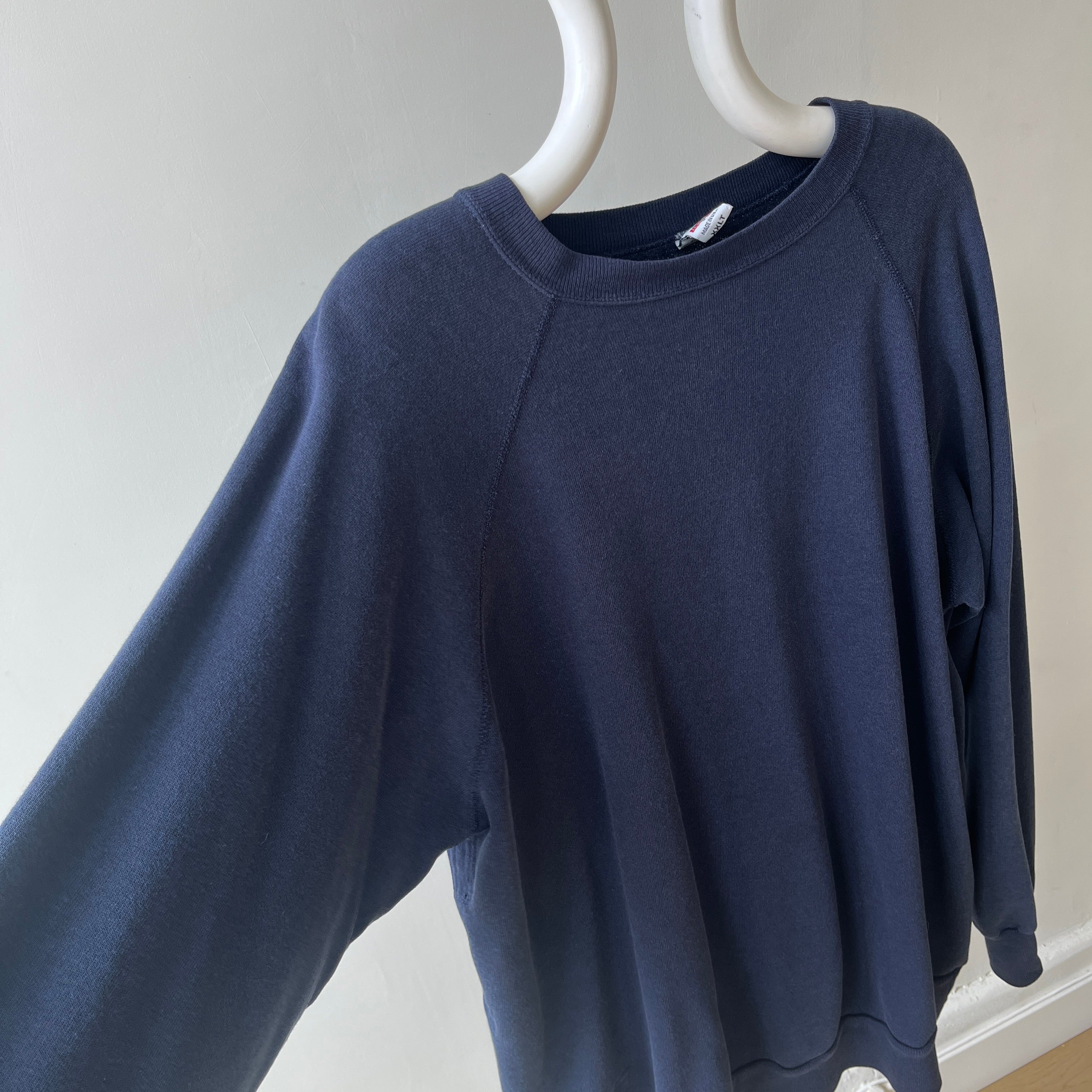 1980s Beat Up and Mended Slouchy Larger Fit Navy Raglan Sweatshirt
