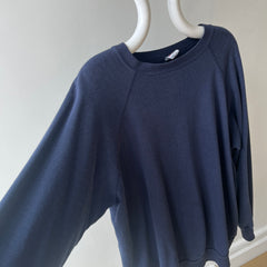 1980s Beat Up and Mended Slouchy Larger Fit Navy Raglan Sweatshirt