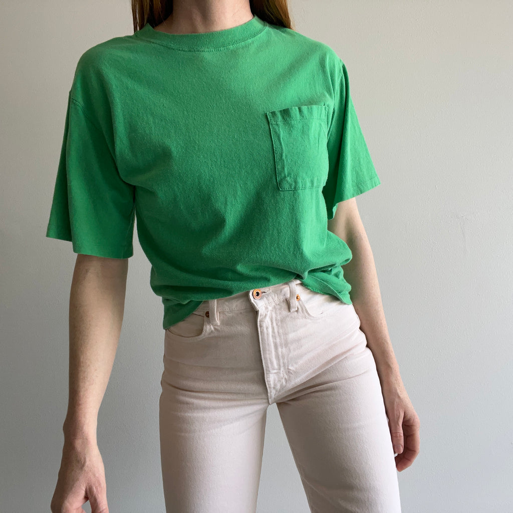 1980s Kelly Green Selvedge Pocket Blank Cotton T-Shirt