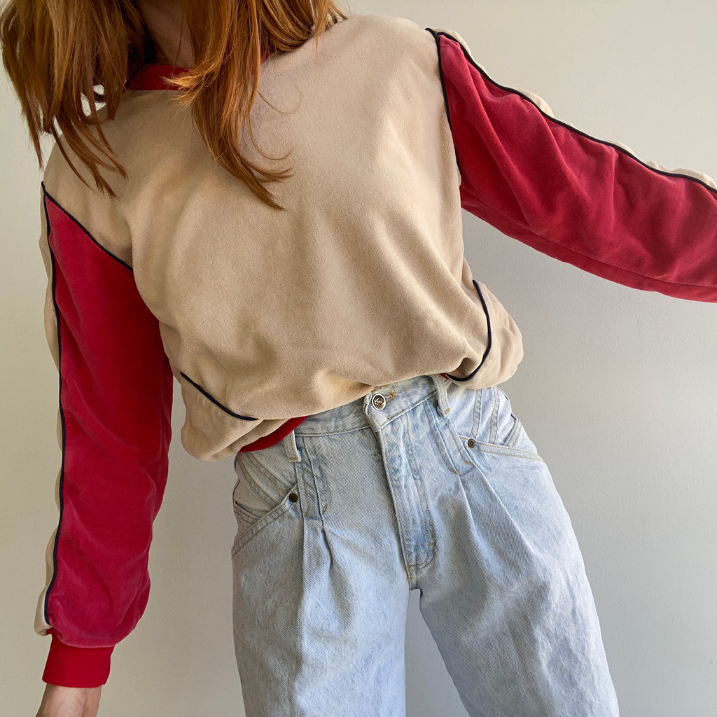 1980s Velour Color Block Sweatshirt with Pockets and Contrast