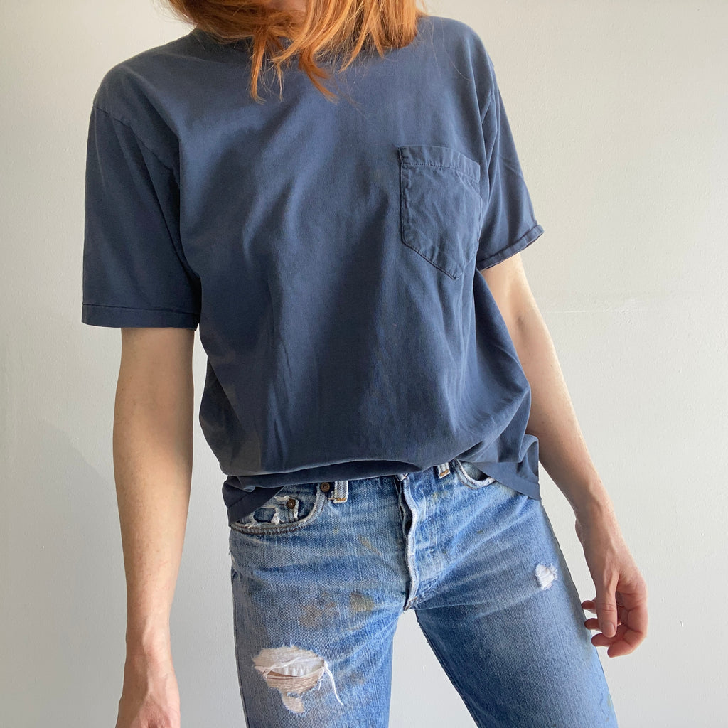 1980s Kings Road Sun Fade Stained Navy Pocket T-Shirt - THIS