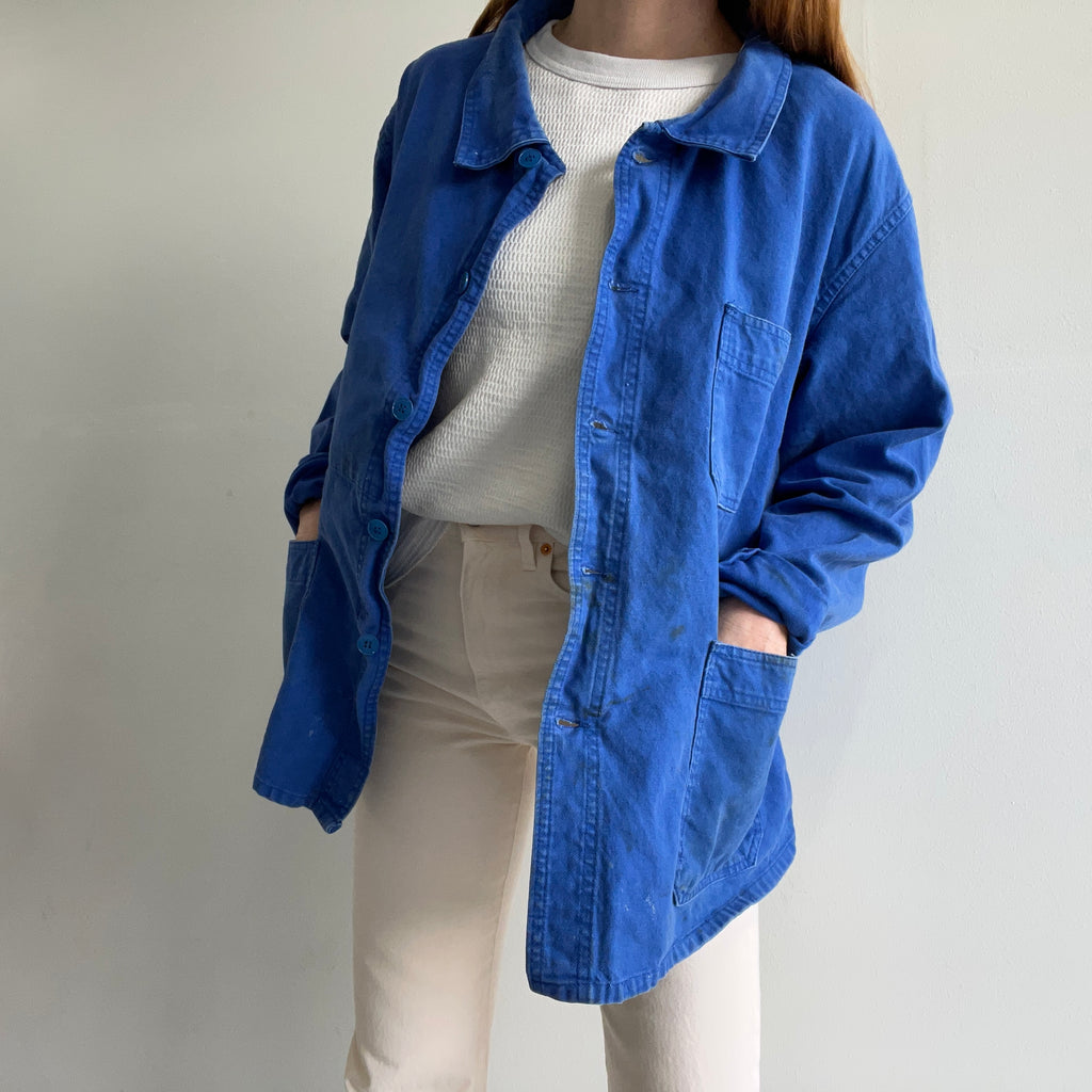 1980s Nicely Beat Up French Chore Coat with Cuff Mending - The