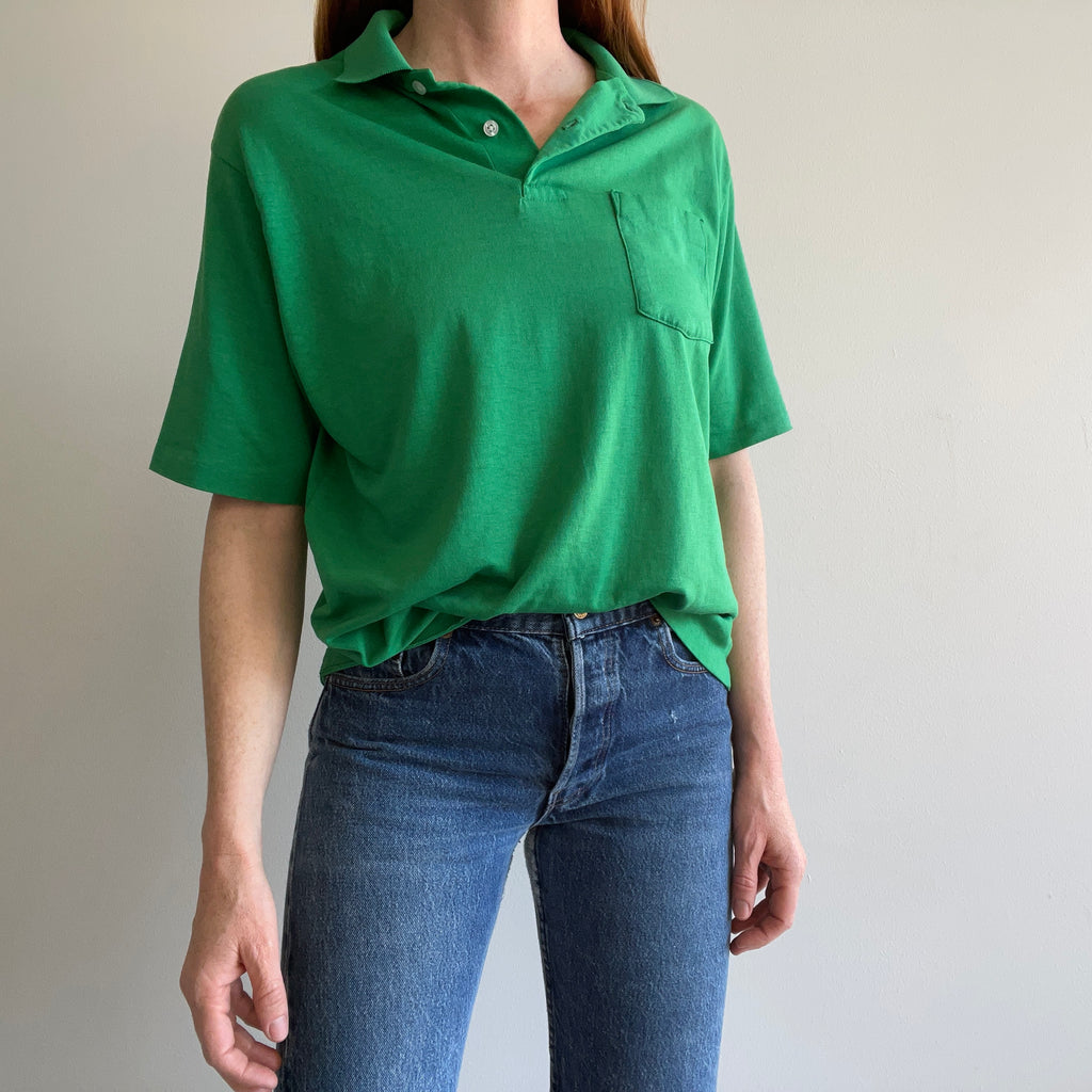 1980s Kelly Green Selvedge Pocket Blank Cotton T-Shirt