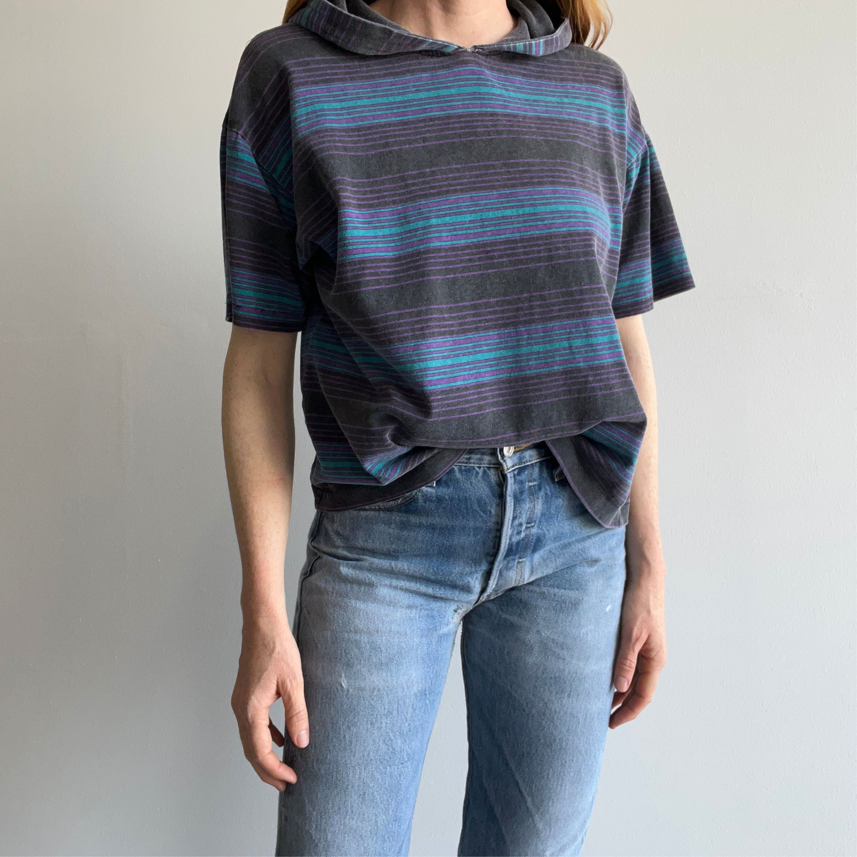 1980s Striped Short Sleeve Hoodie T-Shirt by Quicksilver - YES