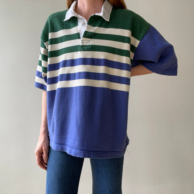 1990s Navy And Green Striped Three Quarter Sleeve Rugby T Shirt