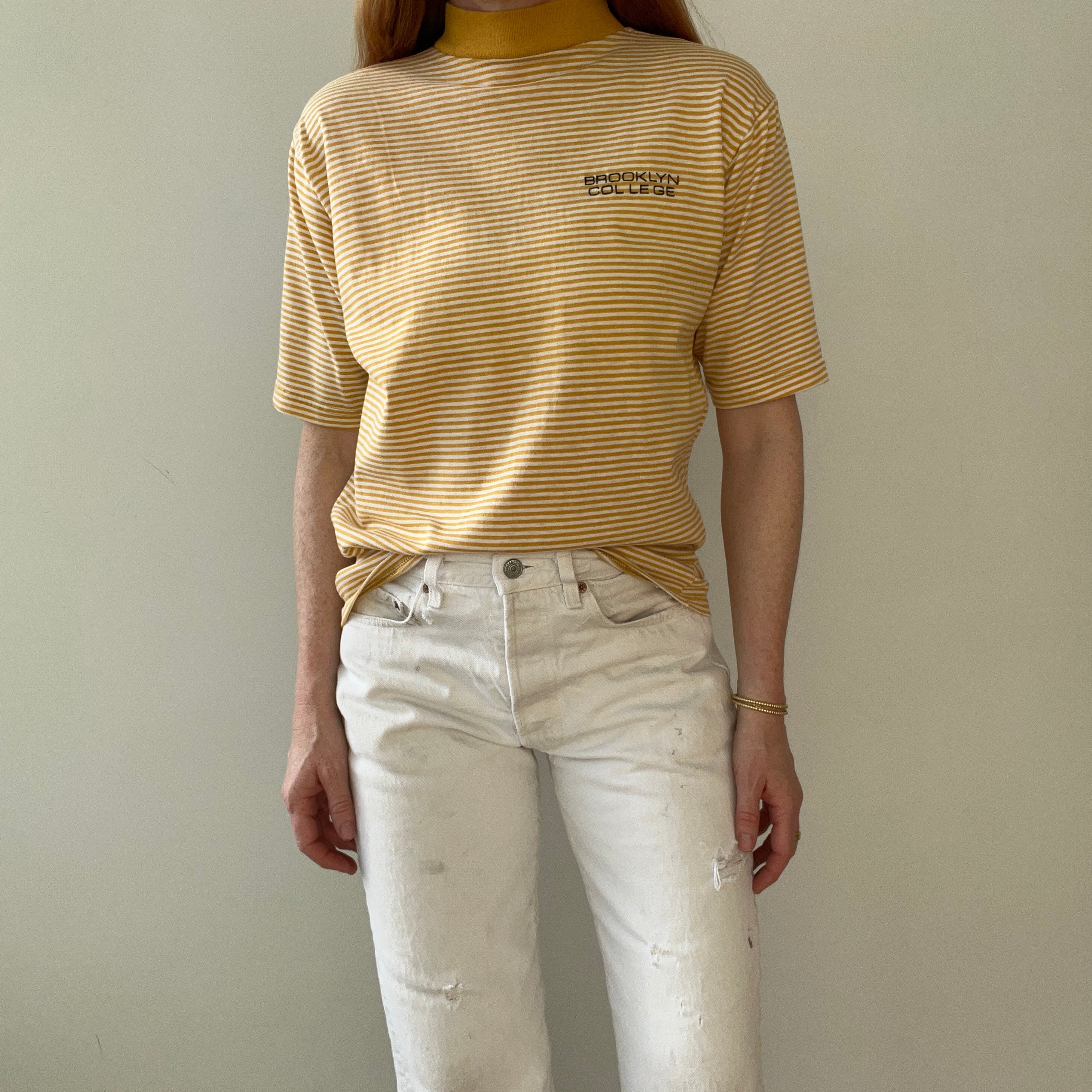 1980s Brooklyn College Mustard Yellow Striped Mock Neck T Shirt