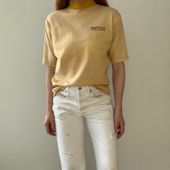 1980s Brooklyn College Mustard Yellow Striped Mock Neck T Shirt