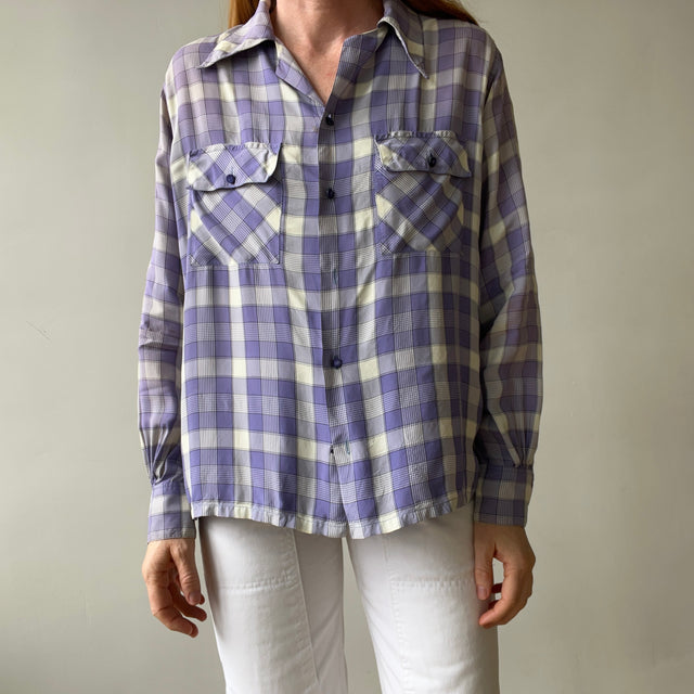 1950s Purple Plaid Rayon Button Up Shirt - TINA COLLECTION