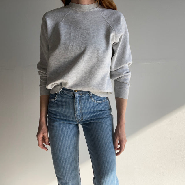 1980s Light Gray Split Collar Worn Out Gray Sweatshirt