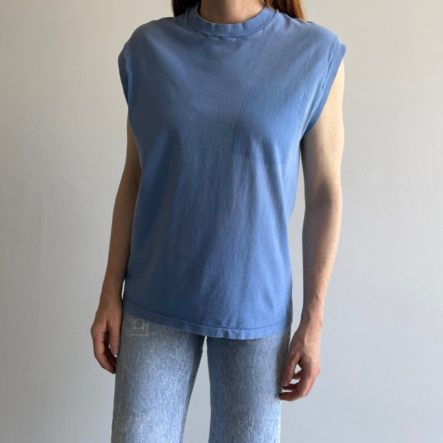 1980s Faded Sky Blue Muscle Tank with Pocket Removed - Yes Please
