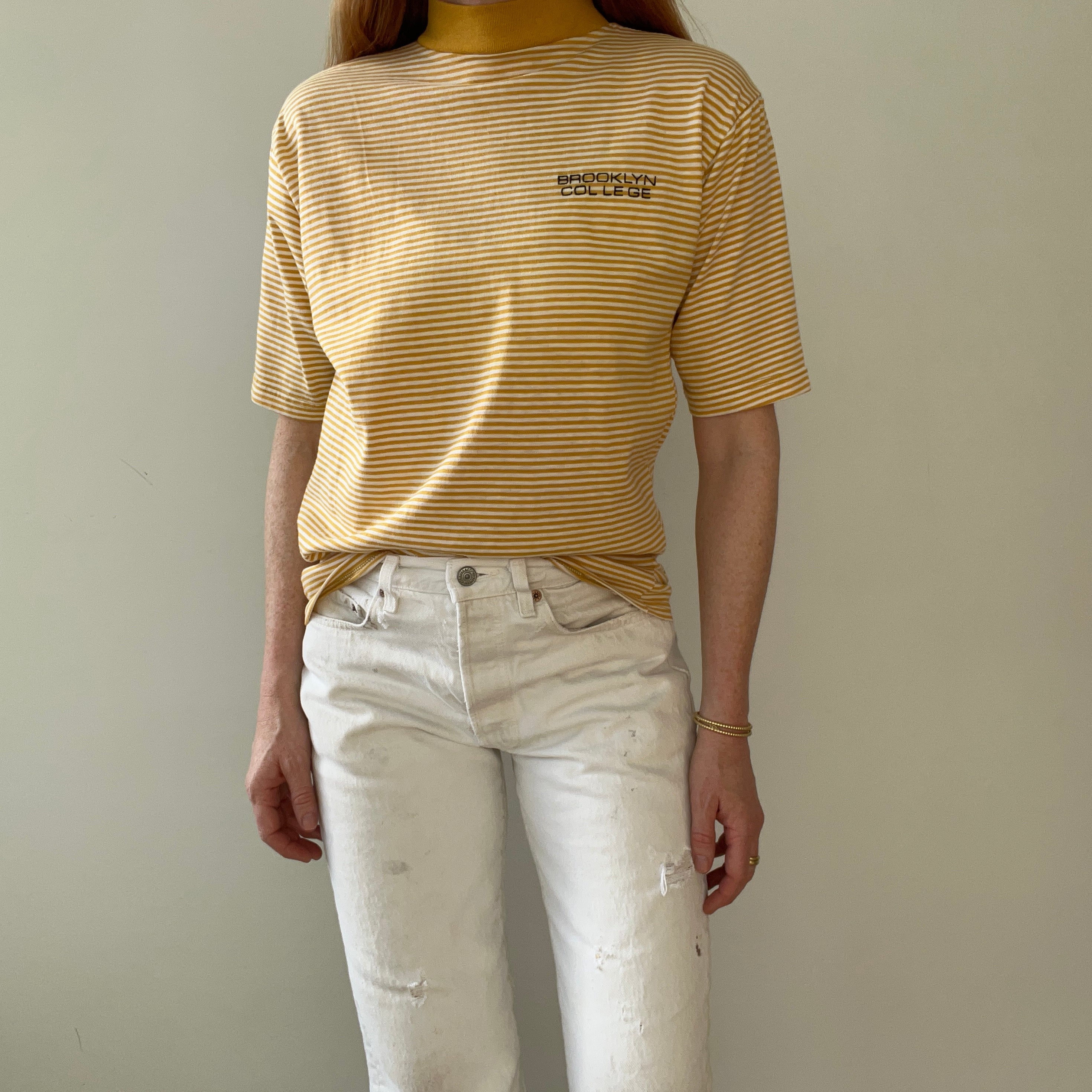 1980s Brooklyn College Mustard Yellow Striped Mock Neck T Shirt