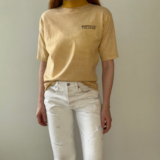 1980s Brooklyn College Mustard Yellow Striped Mock Neck T Shirt