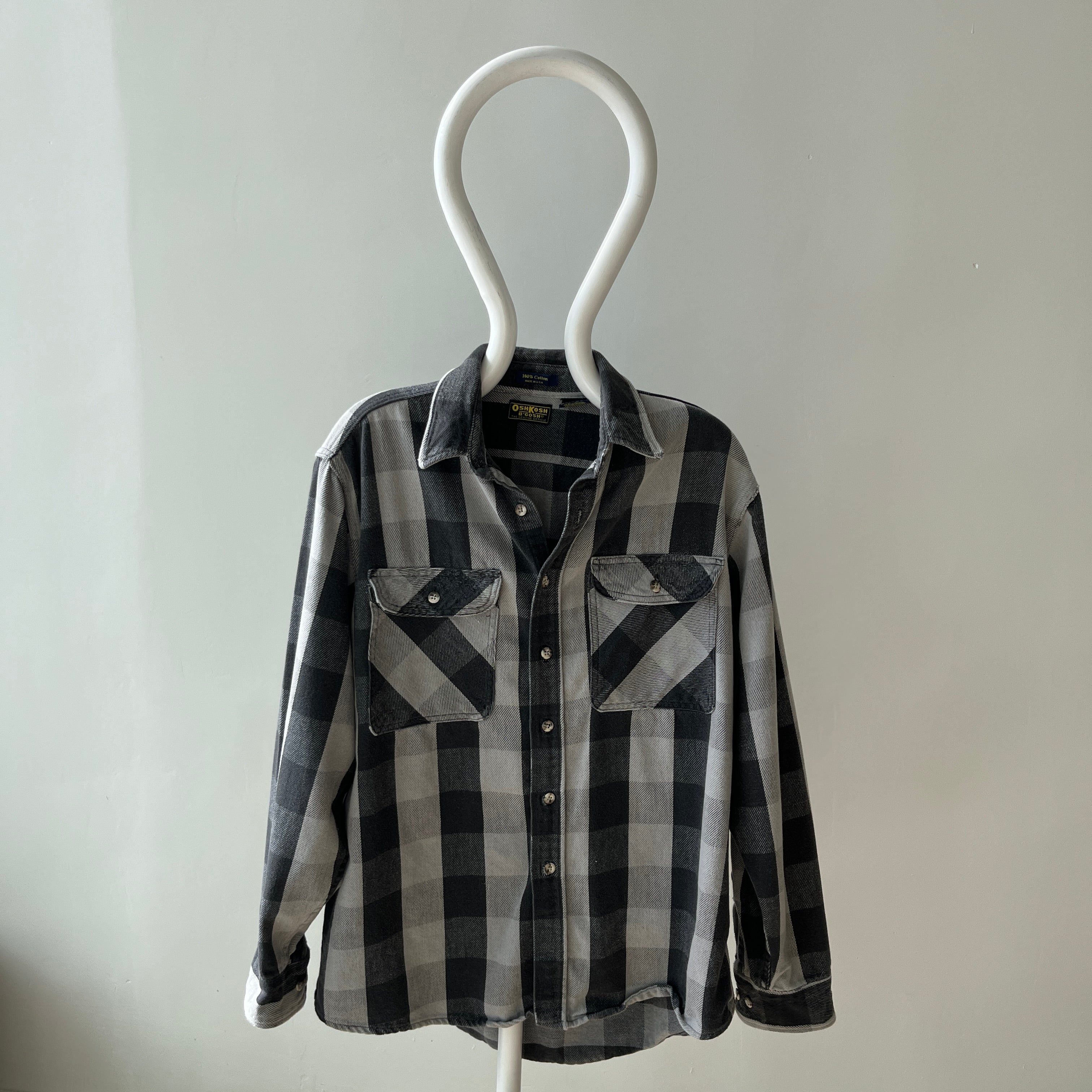 1990s USA Made Osh Kosh Gray and Black Tattered Flannel - Swoon