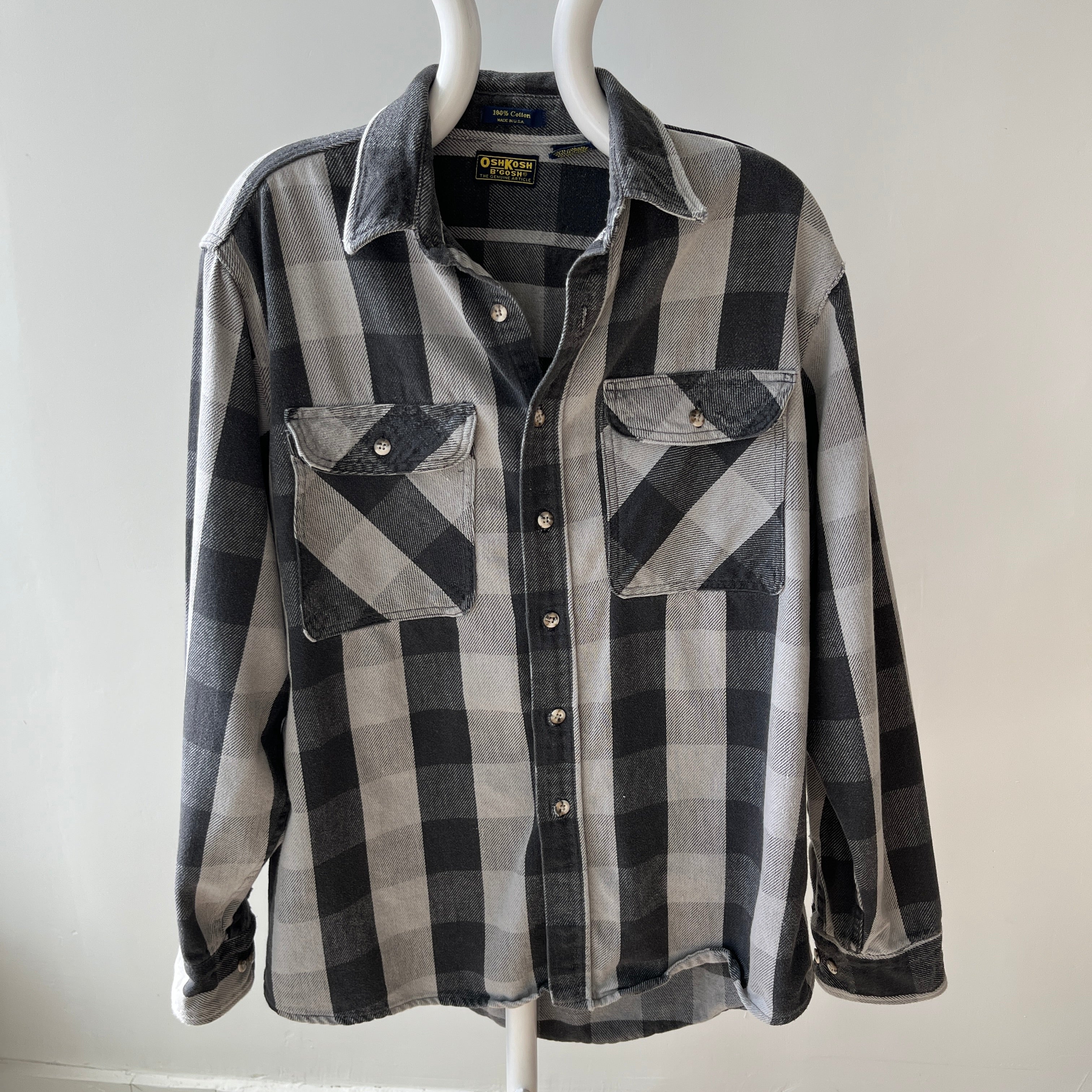 1990s USA Made Osh Kosh Gray and Black Tattered Flannel - Swoon