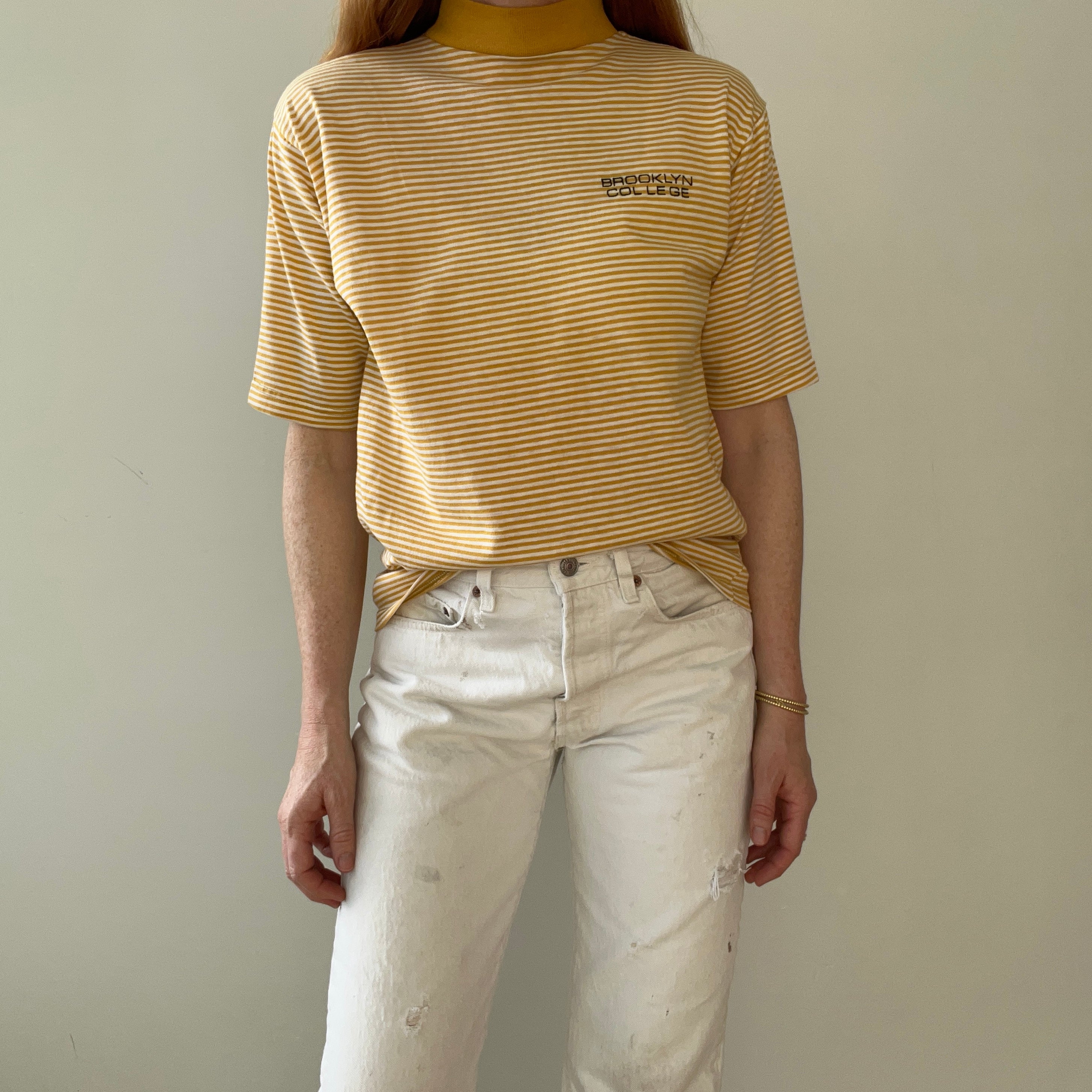 1980s Brooklyn College Mustard Yellow Striped Mock Neck T Shirt