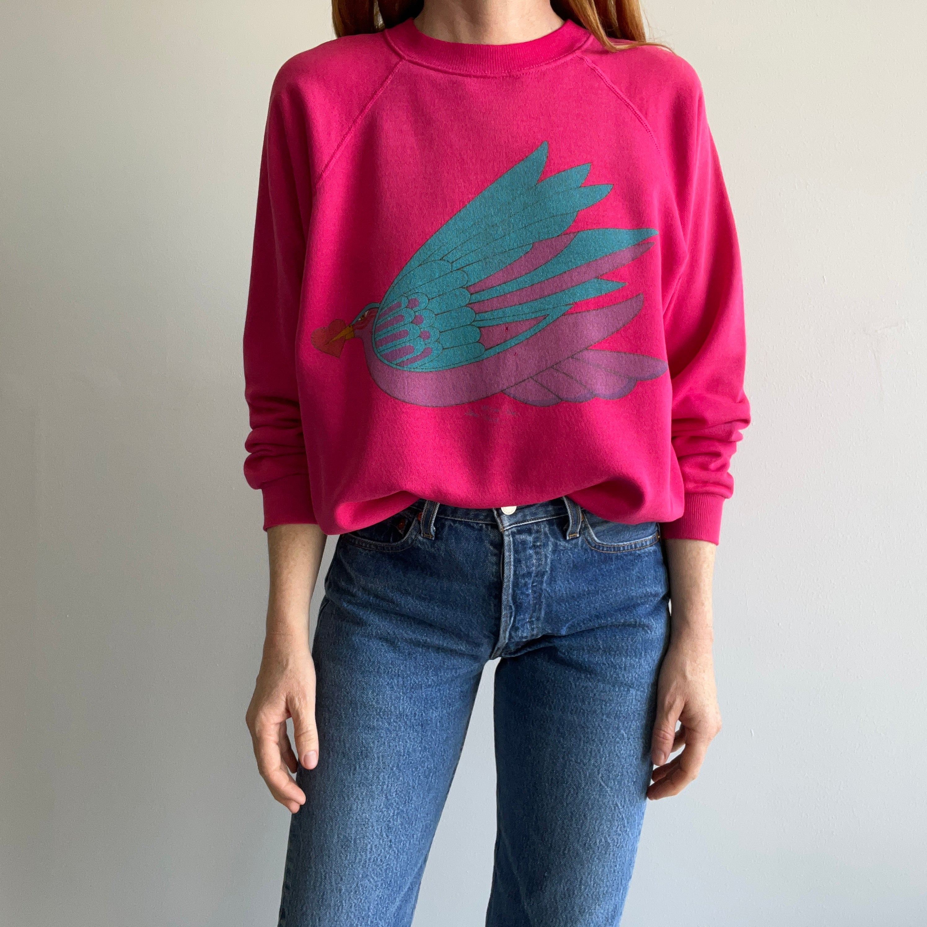 1980s Soft and Worn Dove (?) with a Heart in It's Mouth Slouchy Sweatshirt