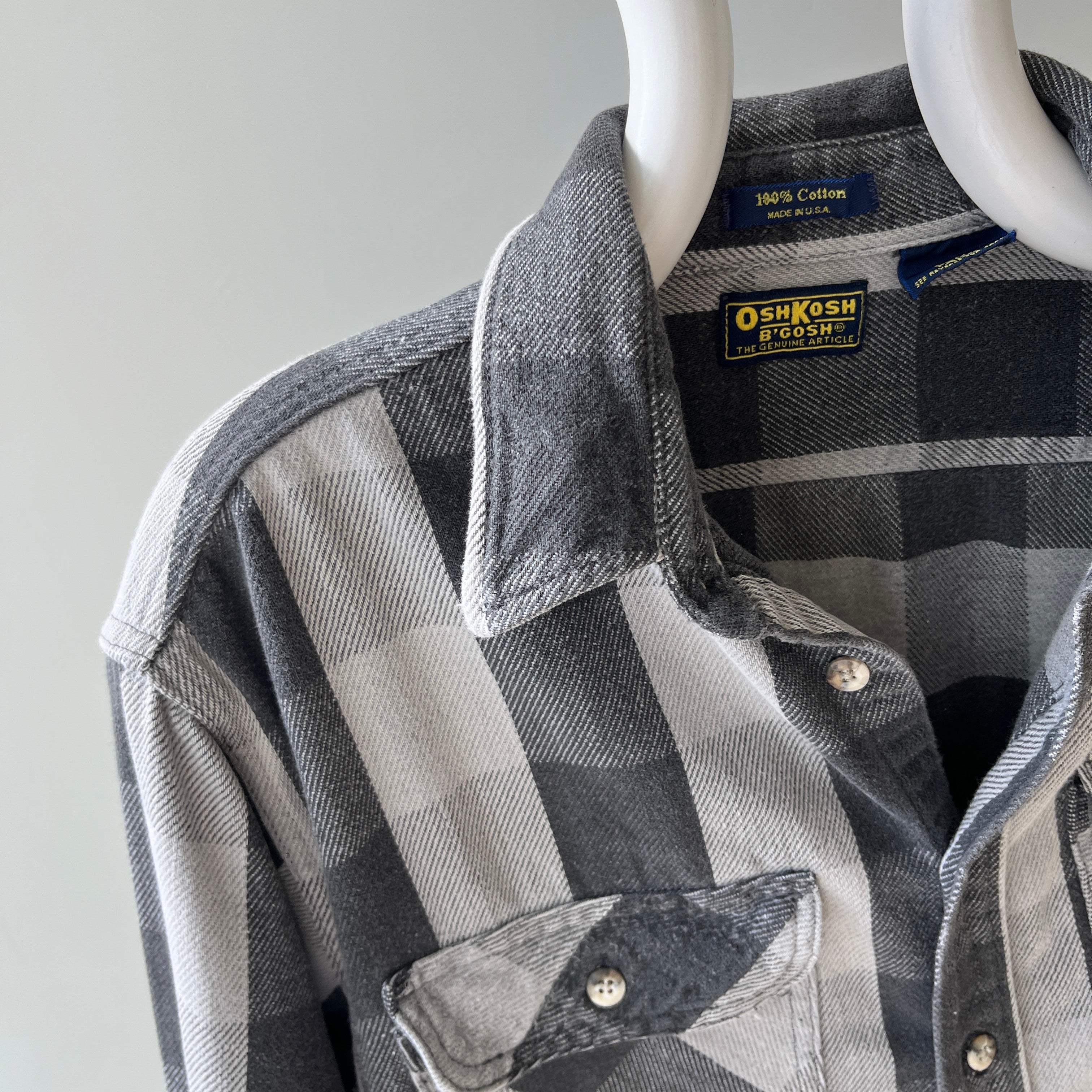 1990s USA Made Osh Kosh Gray and Black Tattered Flannel - Swoon