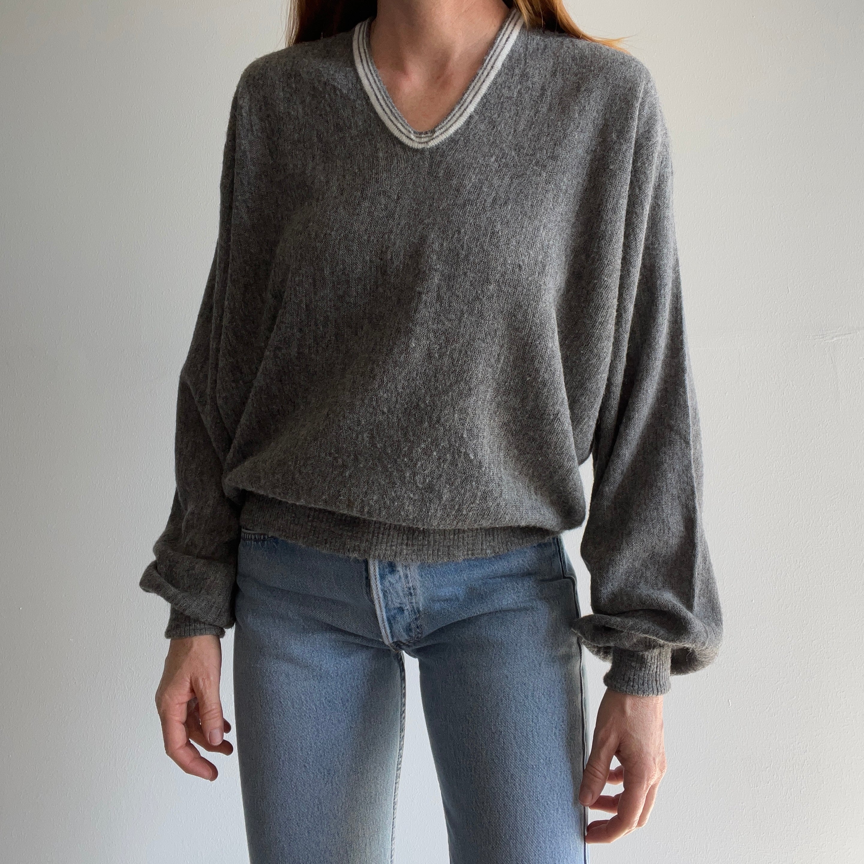 1970s Saks Fifth Ave Gray V-Neck Sweater