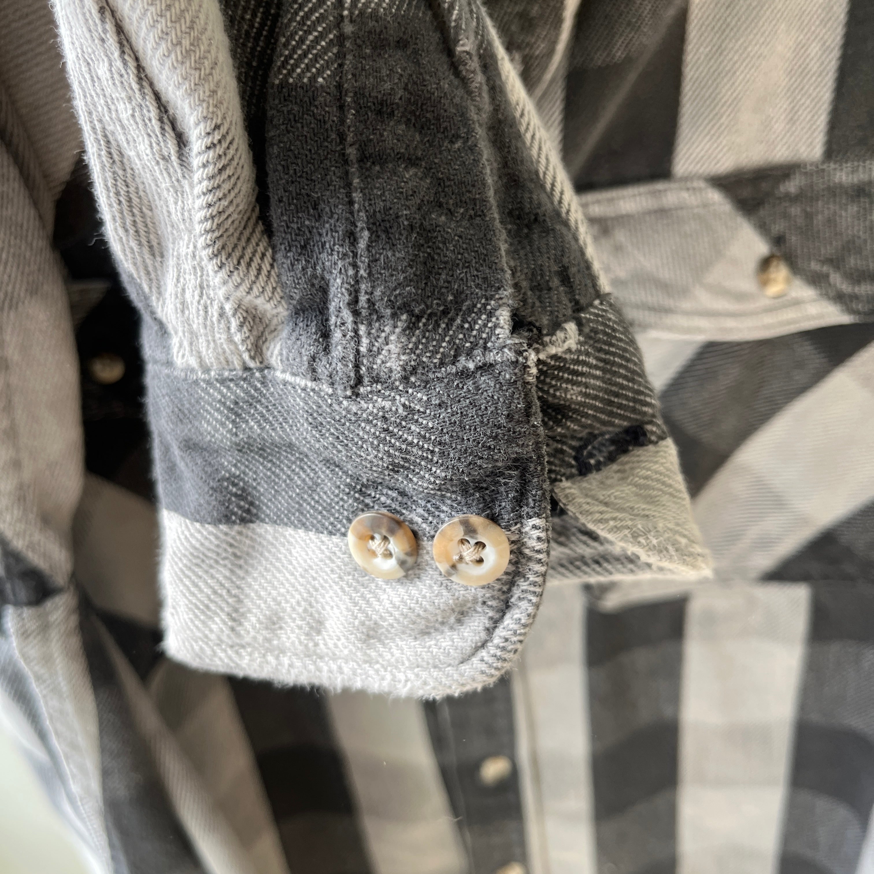 1990s USA Made Osh Kosh Gray and Black Tattered Flannel - Swoon