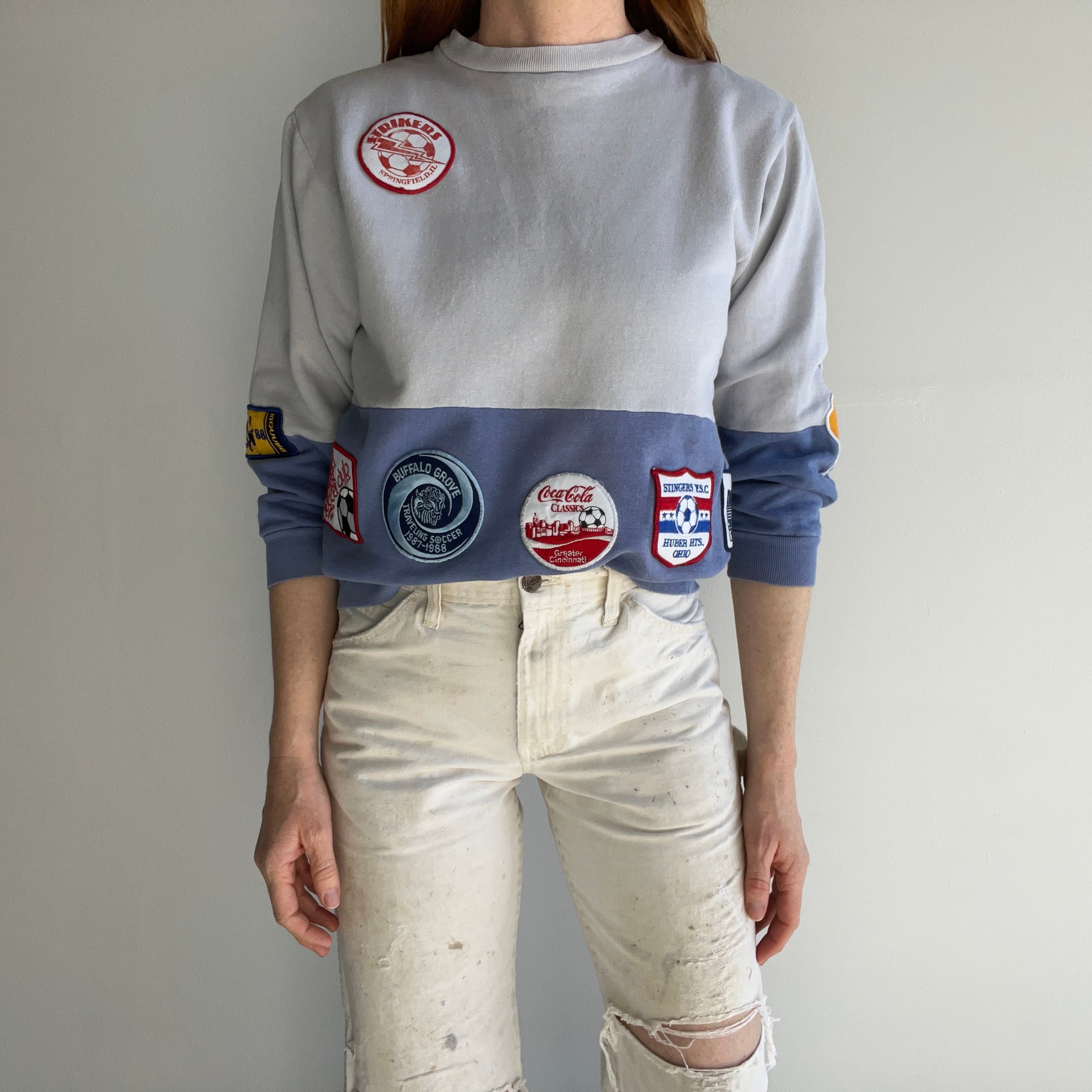 1988 (And Before) DIY Soccer and Other Patched Two Tone Color Block Mostly Cotton Sweatshirt