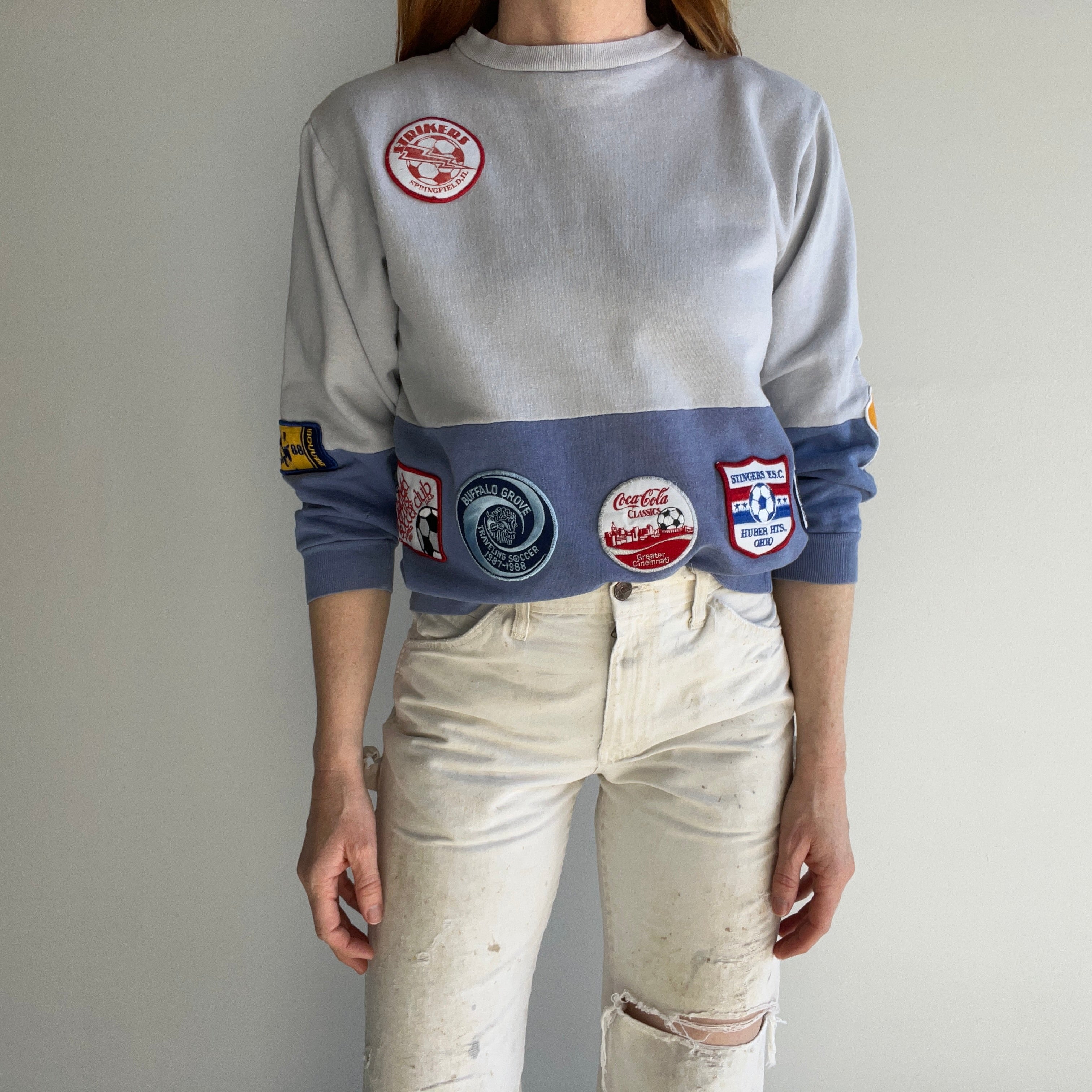 1988 (And Before) DIY Soccer and Other Patched Two Tone Color Block Mostly Cotton Sweatshirt