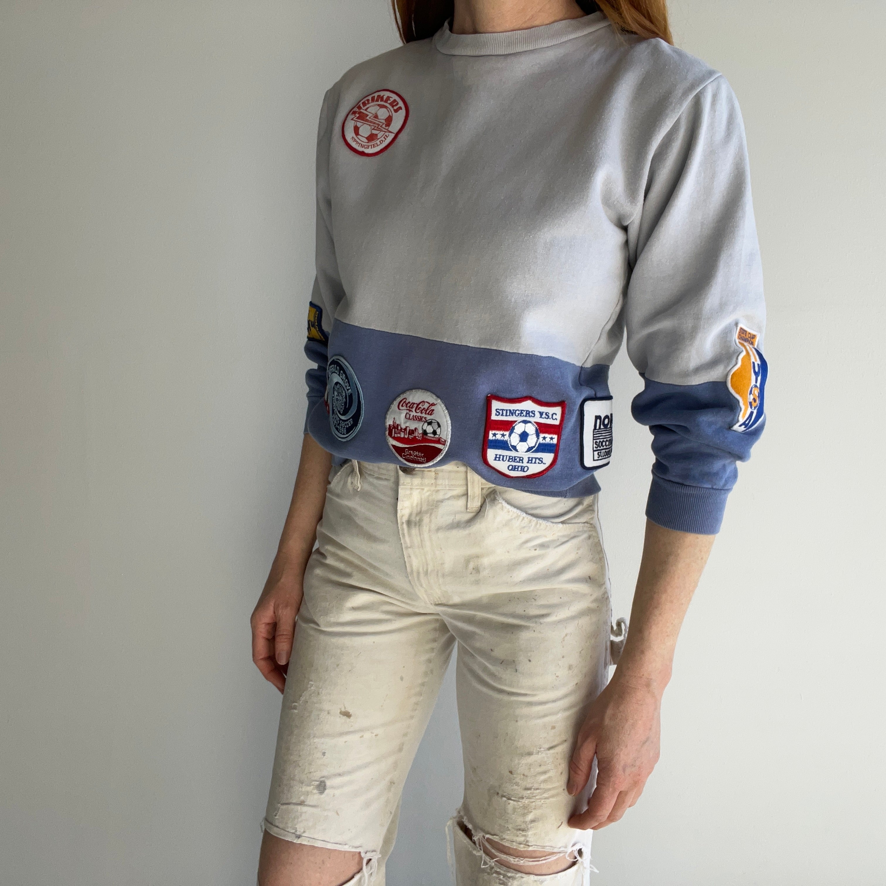 1988 (And Before) DIY Soccer and Other Patched Two Tone Color Block Mostly Cotton Sweatshirt