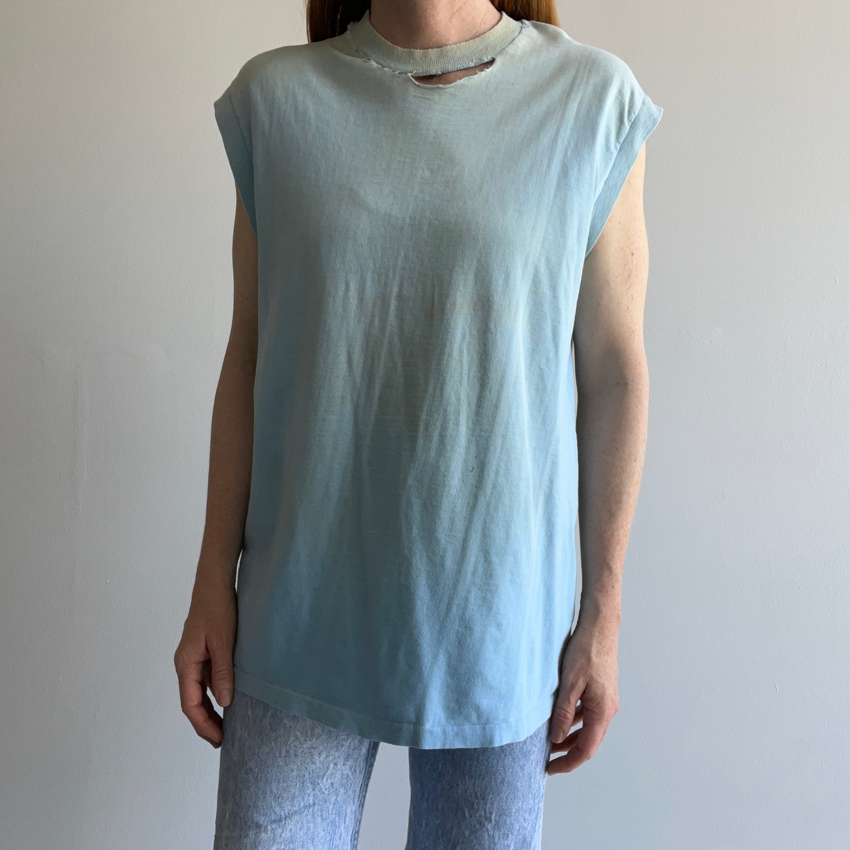 1970s Collectible (But Also Utterly Destroyed) Baby Blue Beat Up Shredded Town Craft Muscle Tank - Cotton