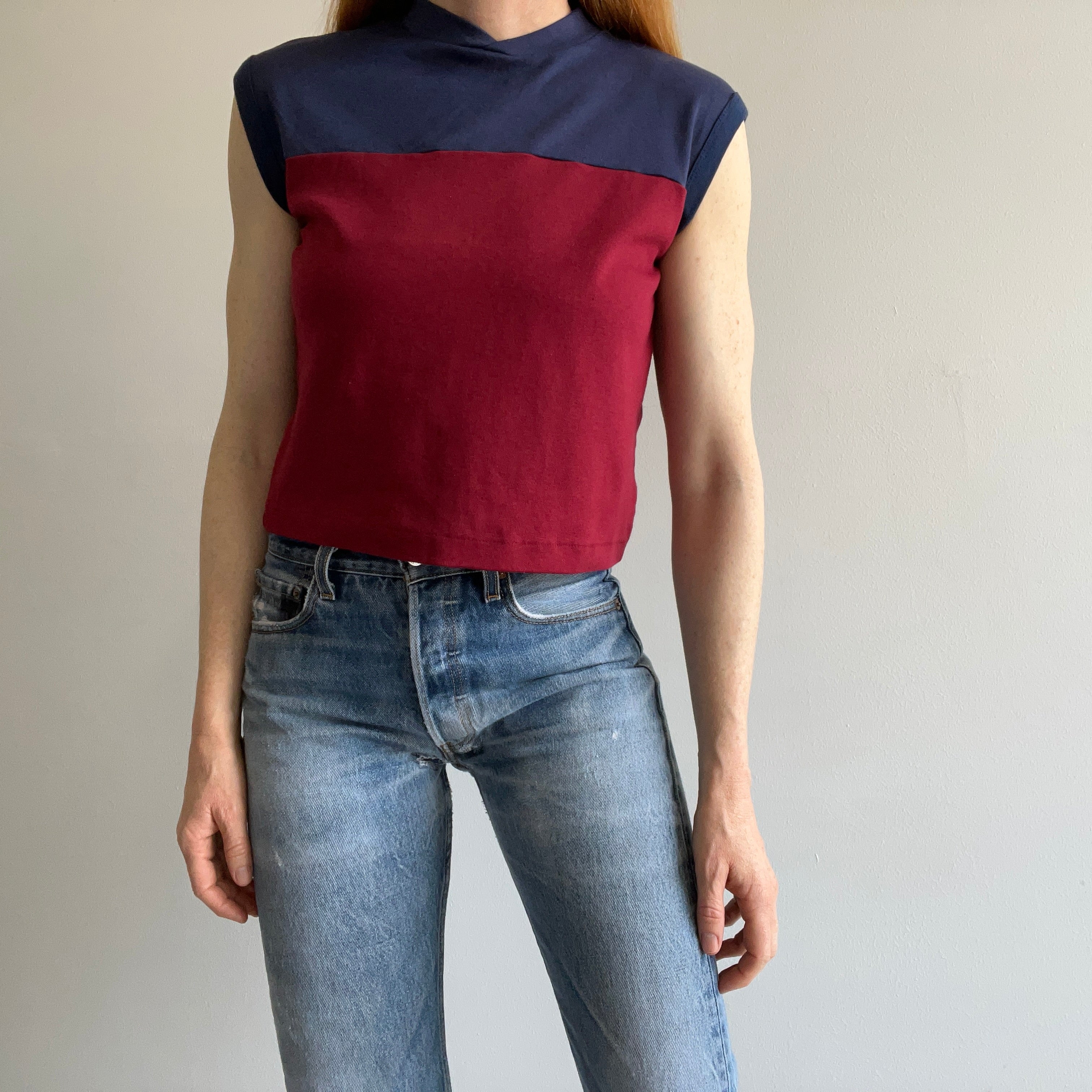 1980s Color Block Muscle Tank Crop