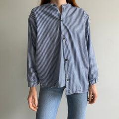 1970s French Workwear Cotton Striped Shirt with Misaligned Buttons