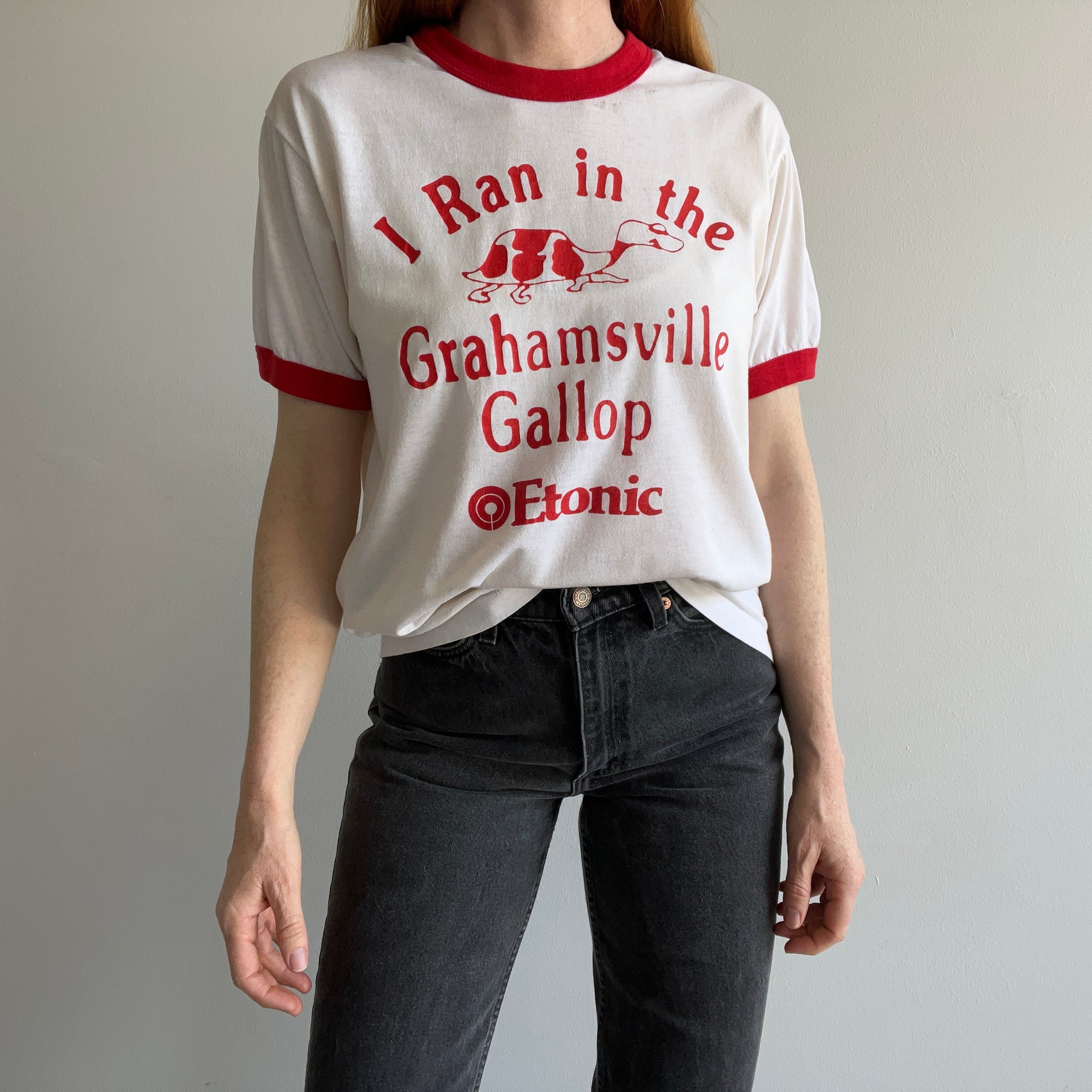 1980s I Ran The Grahamsville Gallop Screen Stars Ring T-Shirt