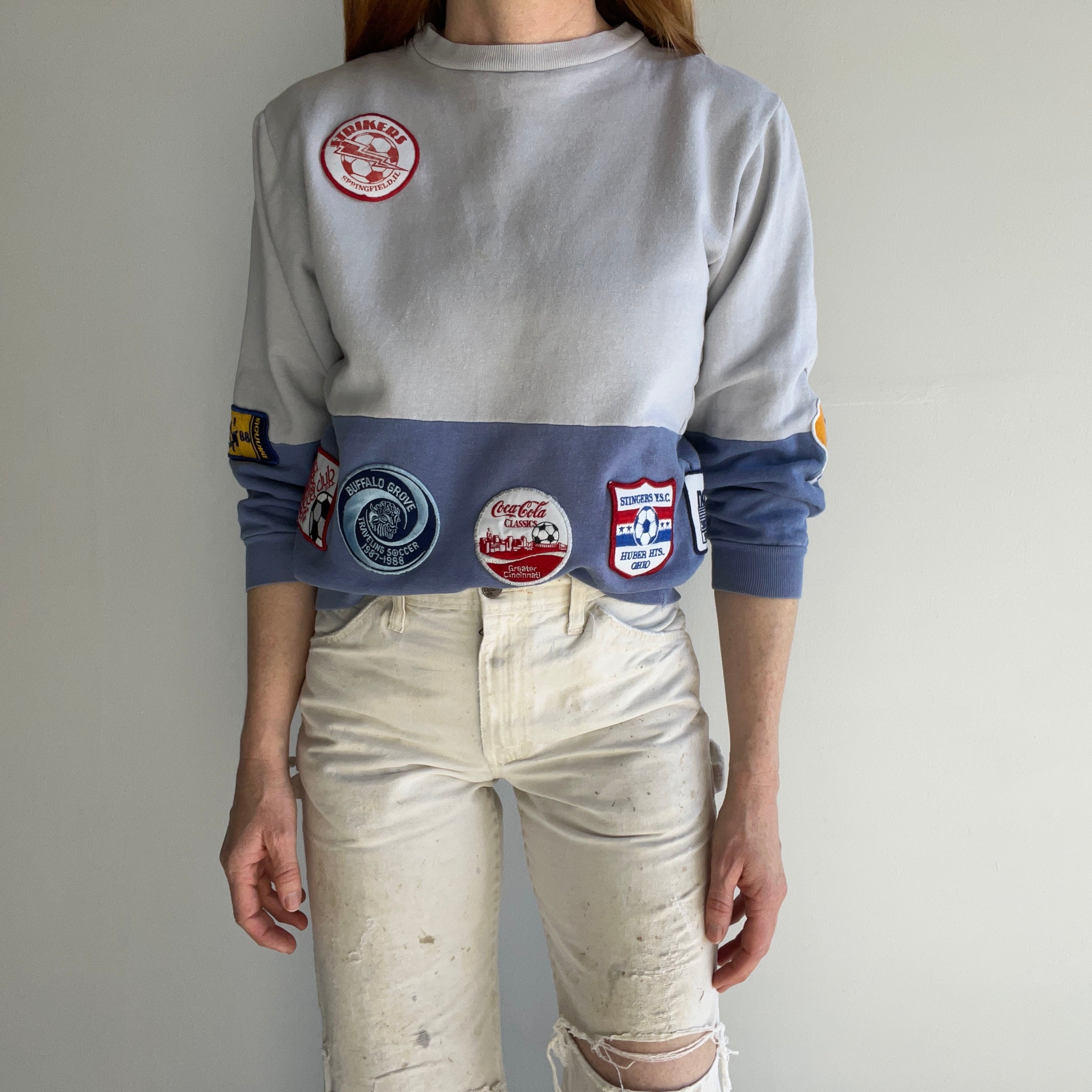 1988 (And Before) DIY Soccer and Other Patched Two Tone Color Block Mostly Cotton Sweatshirt