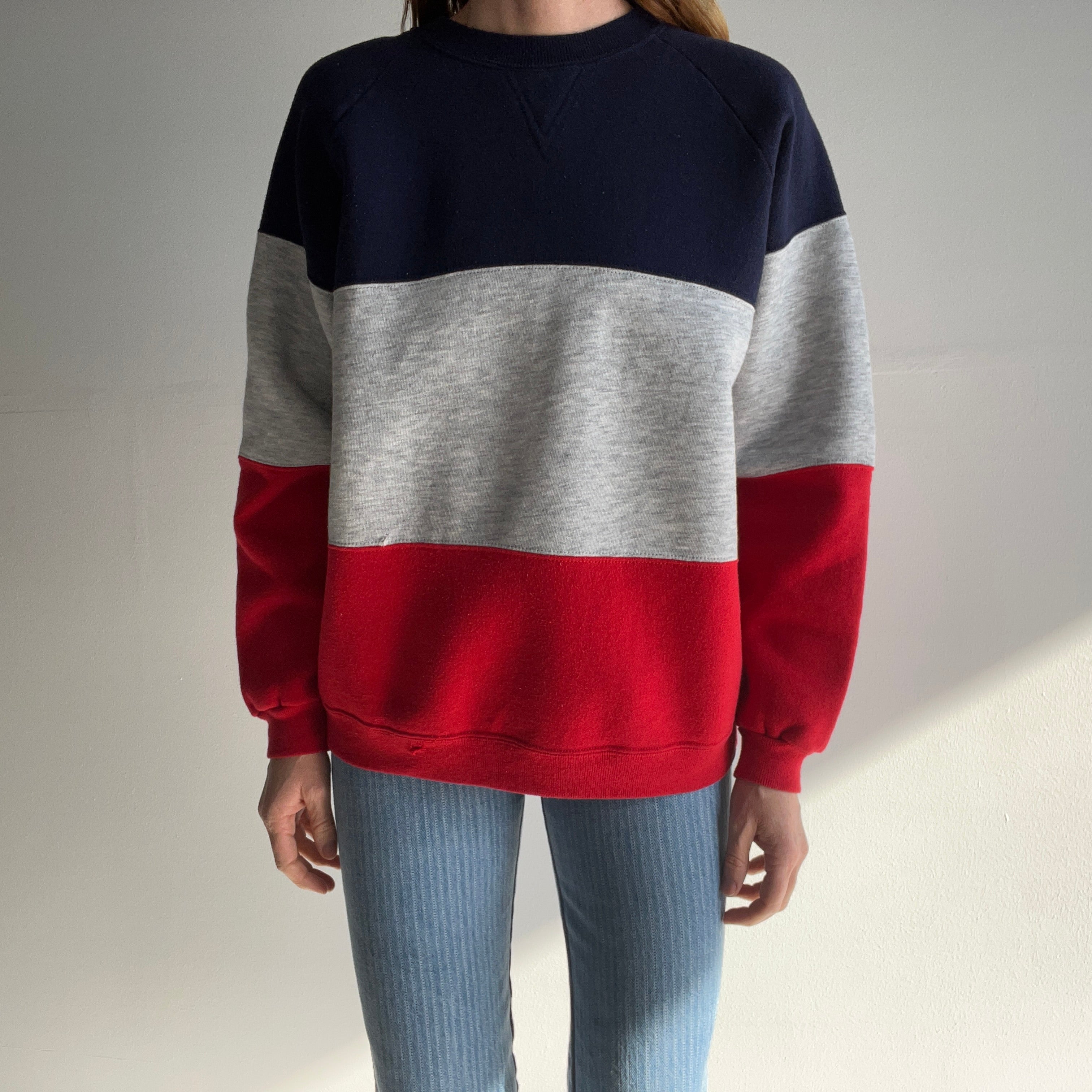 1990s Red, Gray and Blue Medium Weight Color Block Sweatshirt - !!!