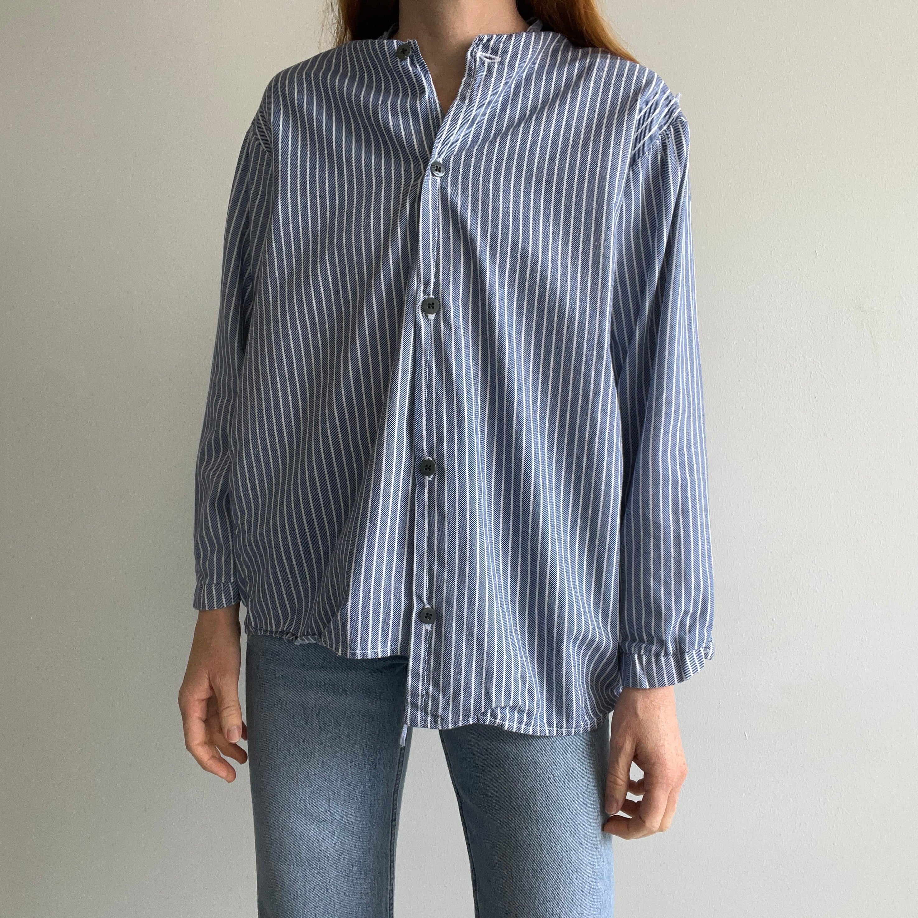 1970s French Workwear Cotton Striped Shirt with Misaligned Buttons