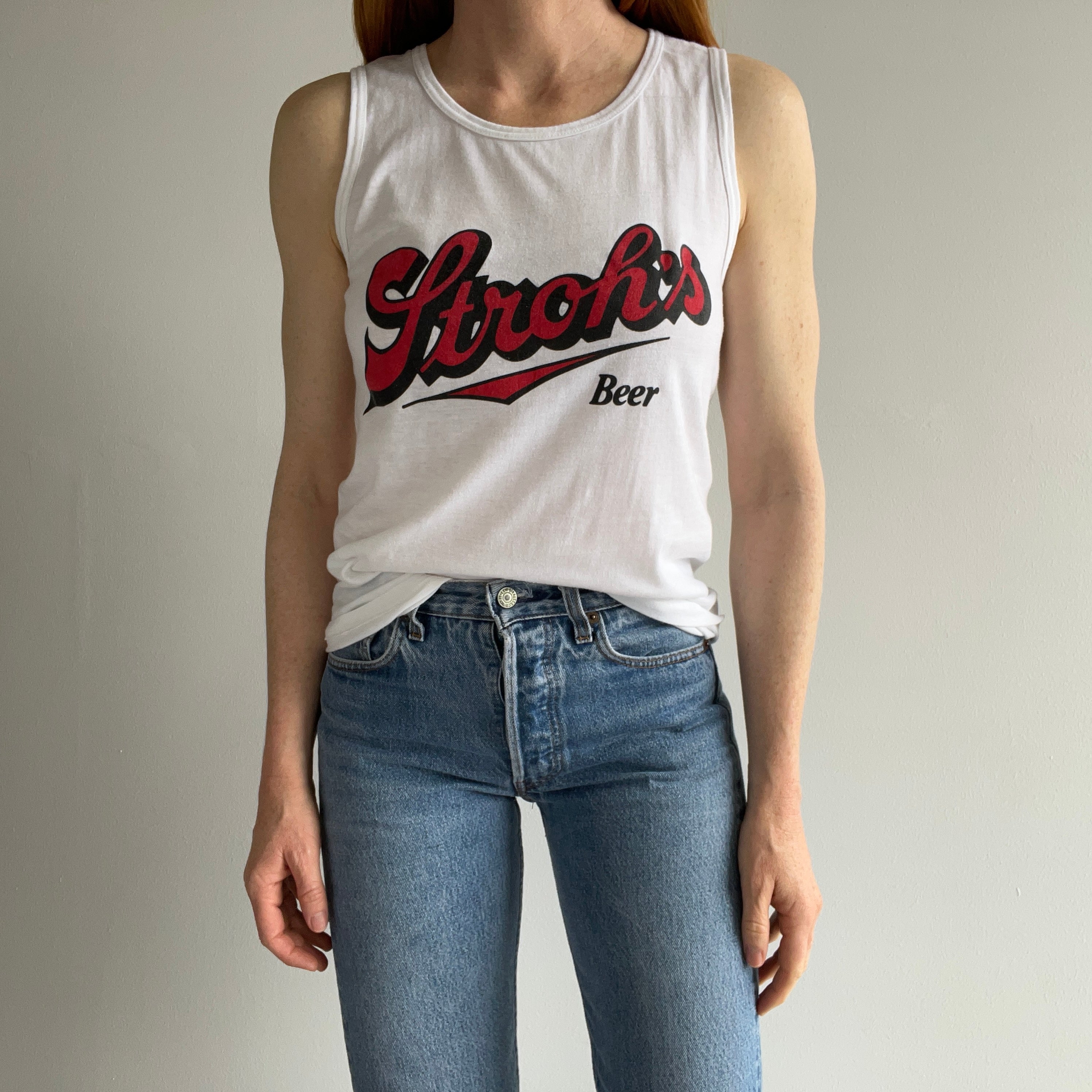 1980s Stroh's Beer Tank Top on a Sneakers Brand Tee