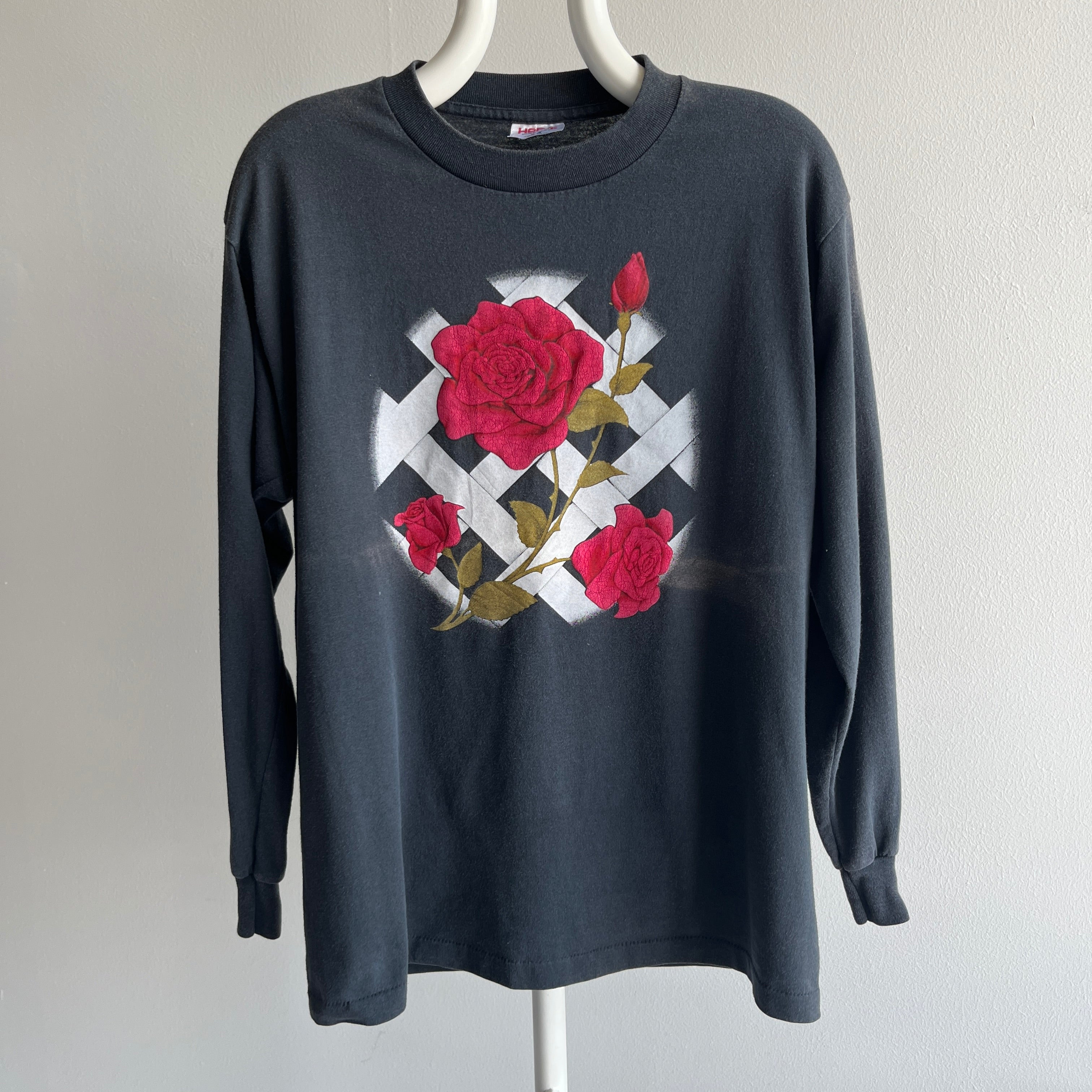 1980s Lattice Fence and Roses Long Sleeve T-Shirt with Sun Fade Fold