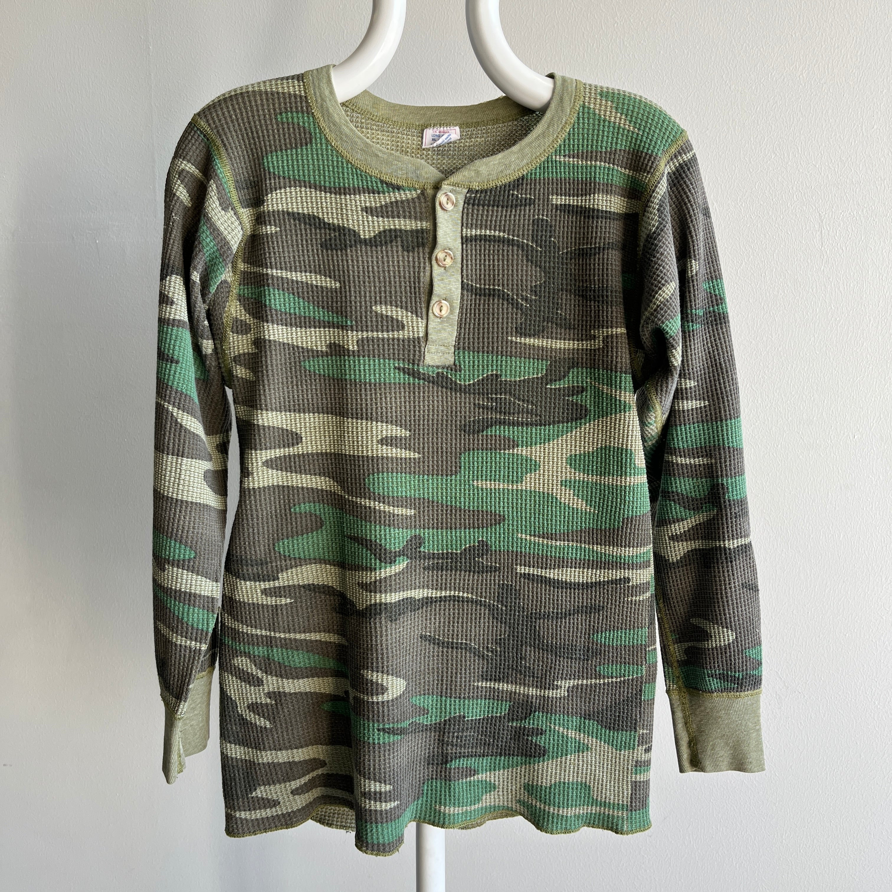 1970s Long Johns Camo Henley Waffle Knit