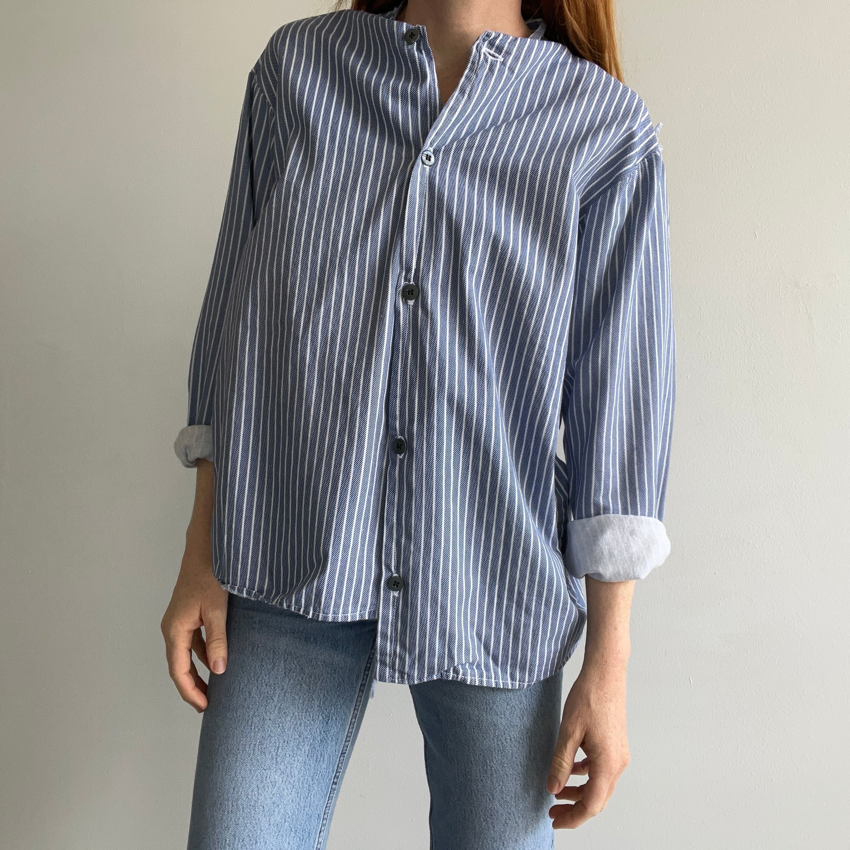 1970s French Workwear Cotton Striped Shirt with Misaligned Buttons