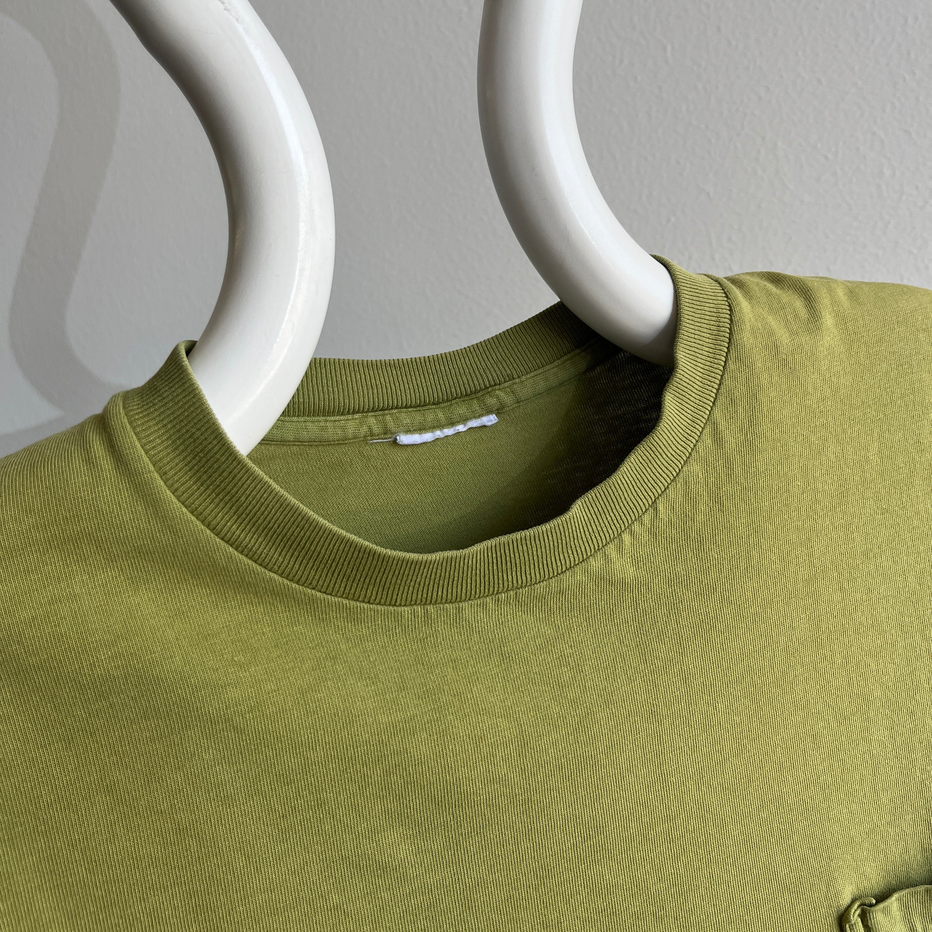 1980s Blank Soft and Worn Olive Green Pocket T-Shirt