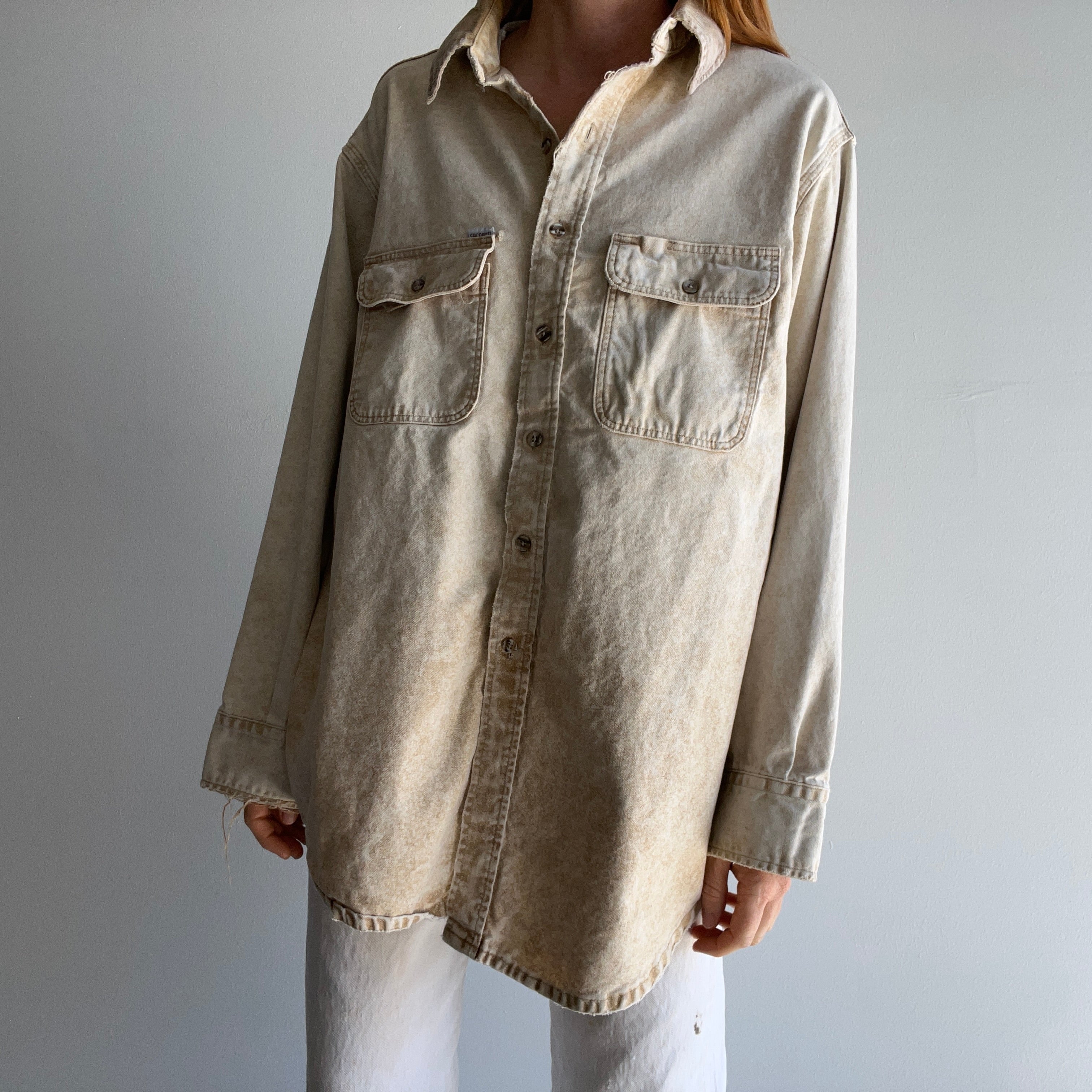 1990s Nicely Tattered Carhartt Acid Wash Khaki Work Shirt with a Corduroy Collar