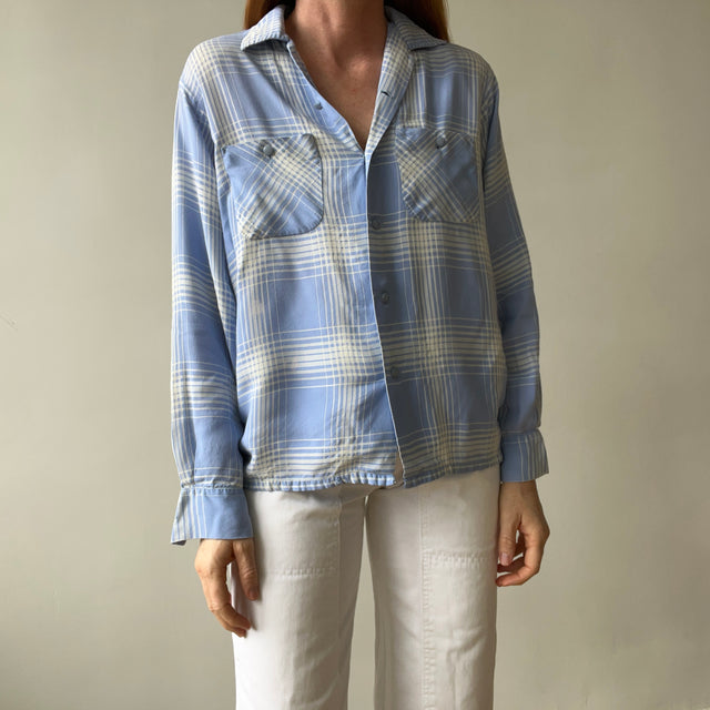 1950 Baby Blue Plaid Rayon Gabardine Loop Collar Button Up Shirt - TINA COLLECTION