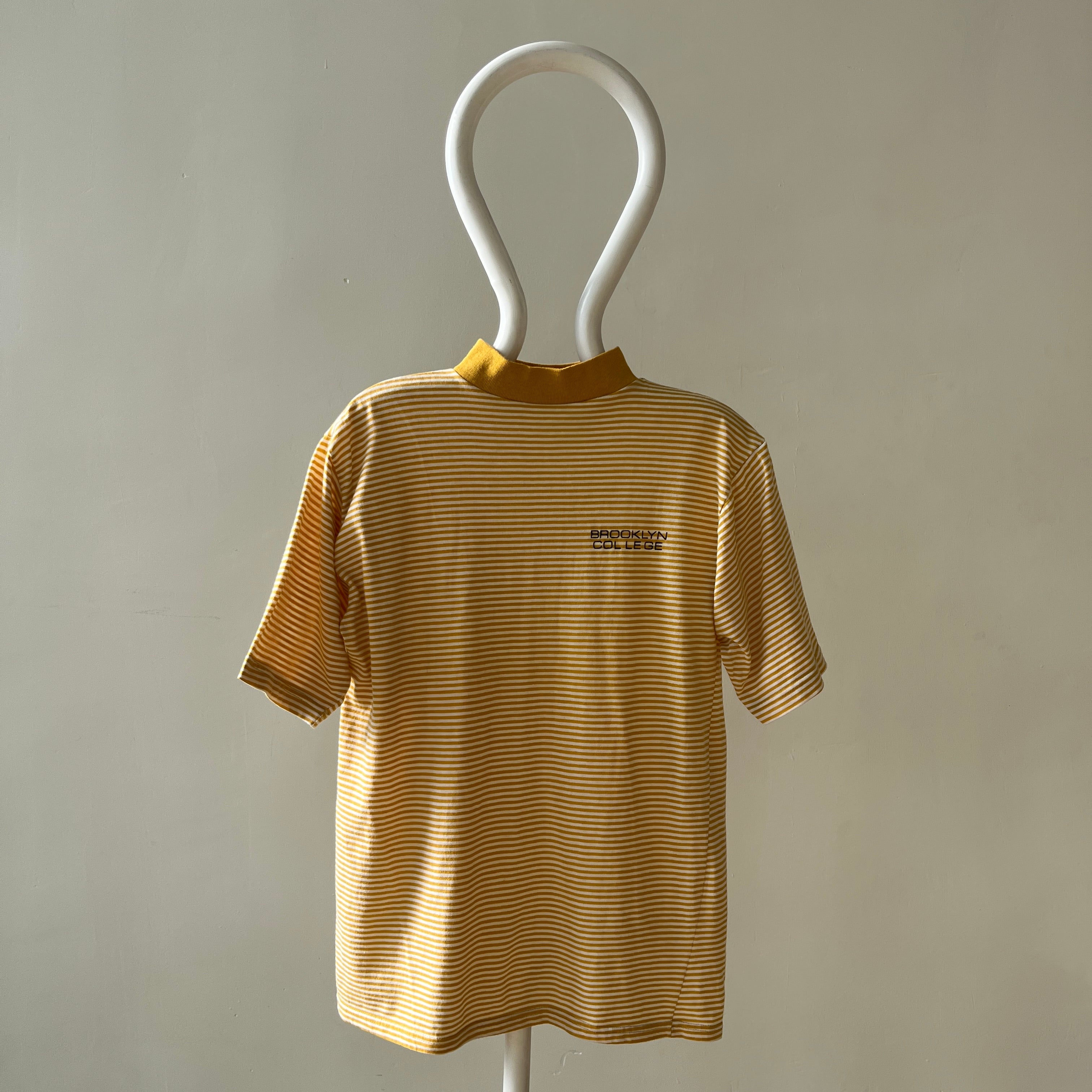 1980s Brooklyn College Mustard Yellow Striped Mock Neck T Shirt