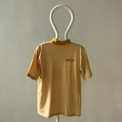1980s Brooklyn College Mustard Yellow Striped Mock Neck T Shirt