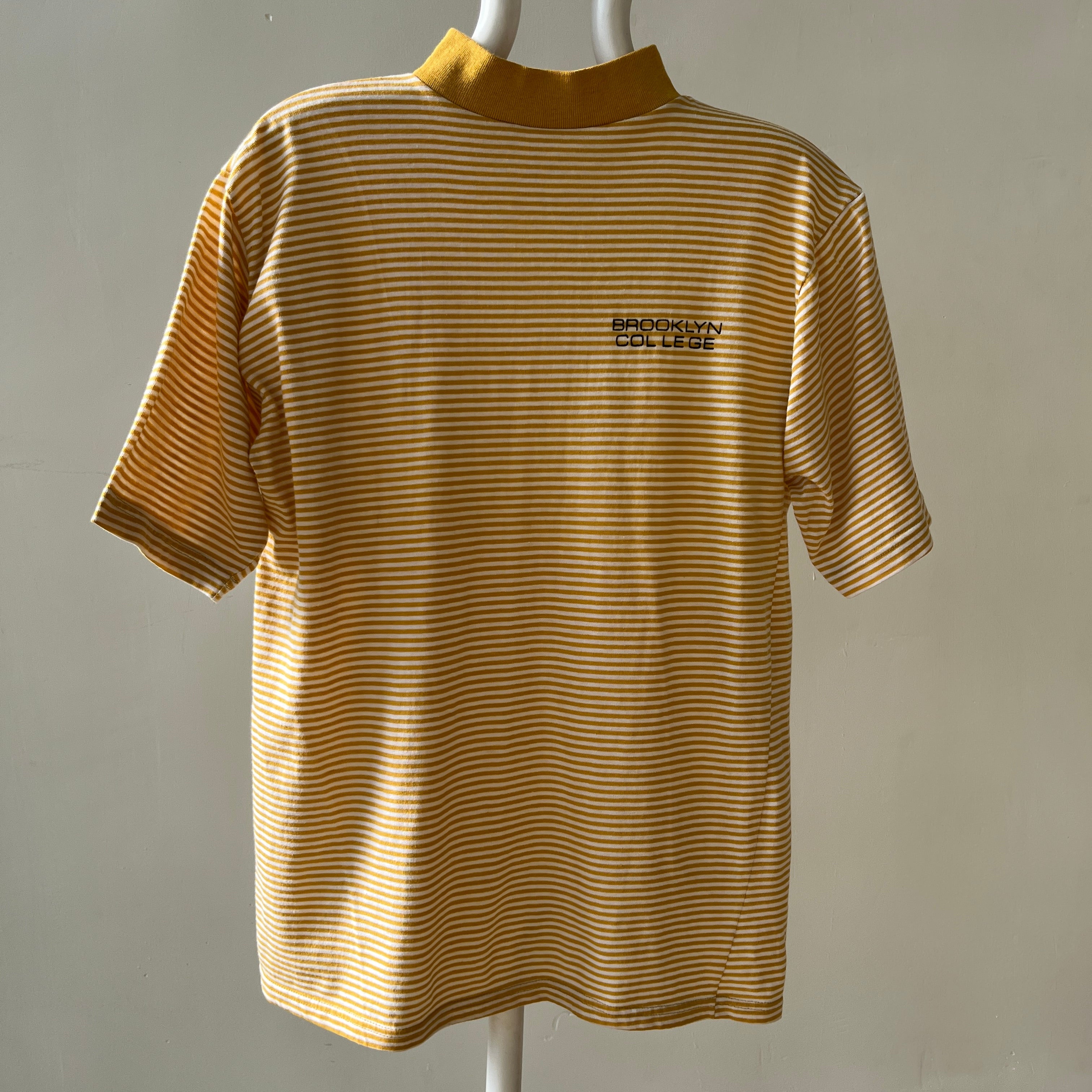 1980s Brooklyn College Mustard Yellow Striped Mock Neck T Shirt