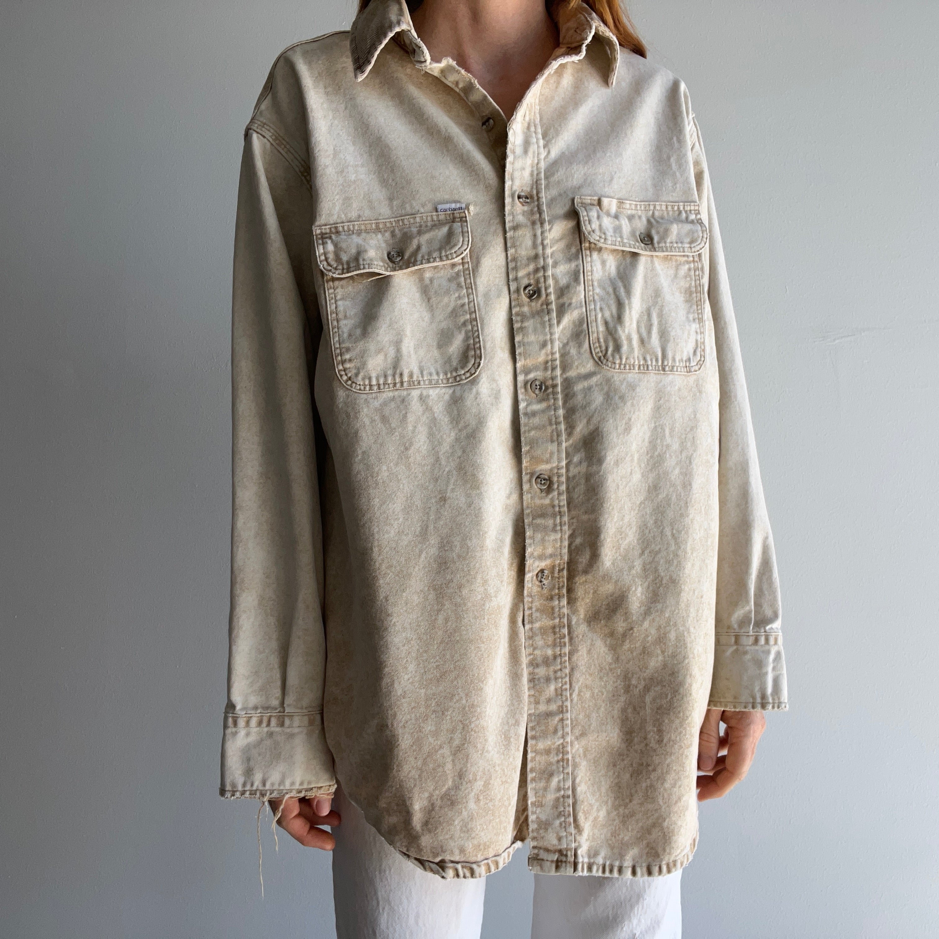 1990s Nicely Tattered Carhartt Acid Wash Khaki Work Shirt with a Corduroy Collar