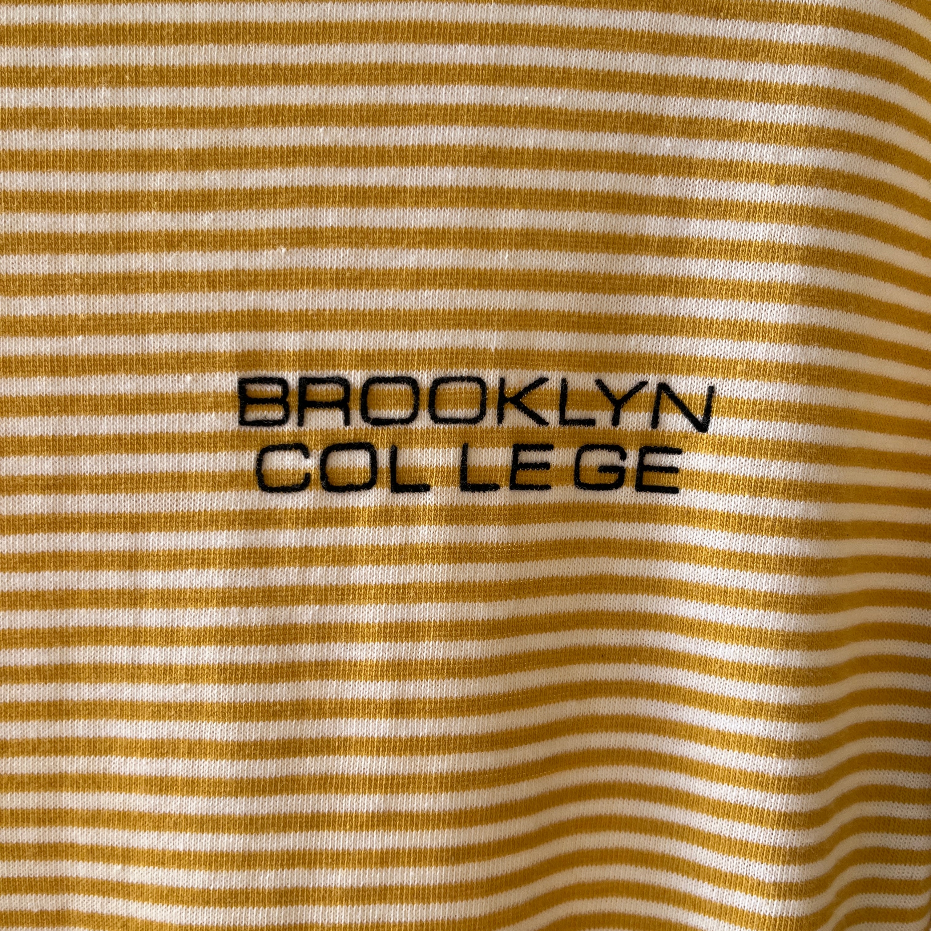 1980s Brooklyn College Mustard Yellow Striped Mock Neck T Shirt
