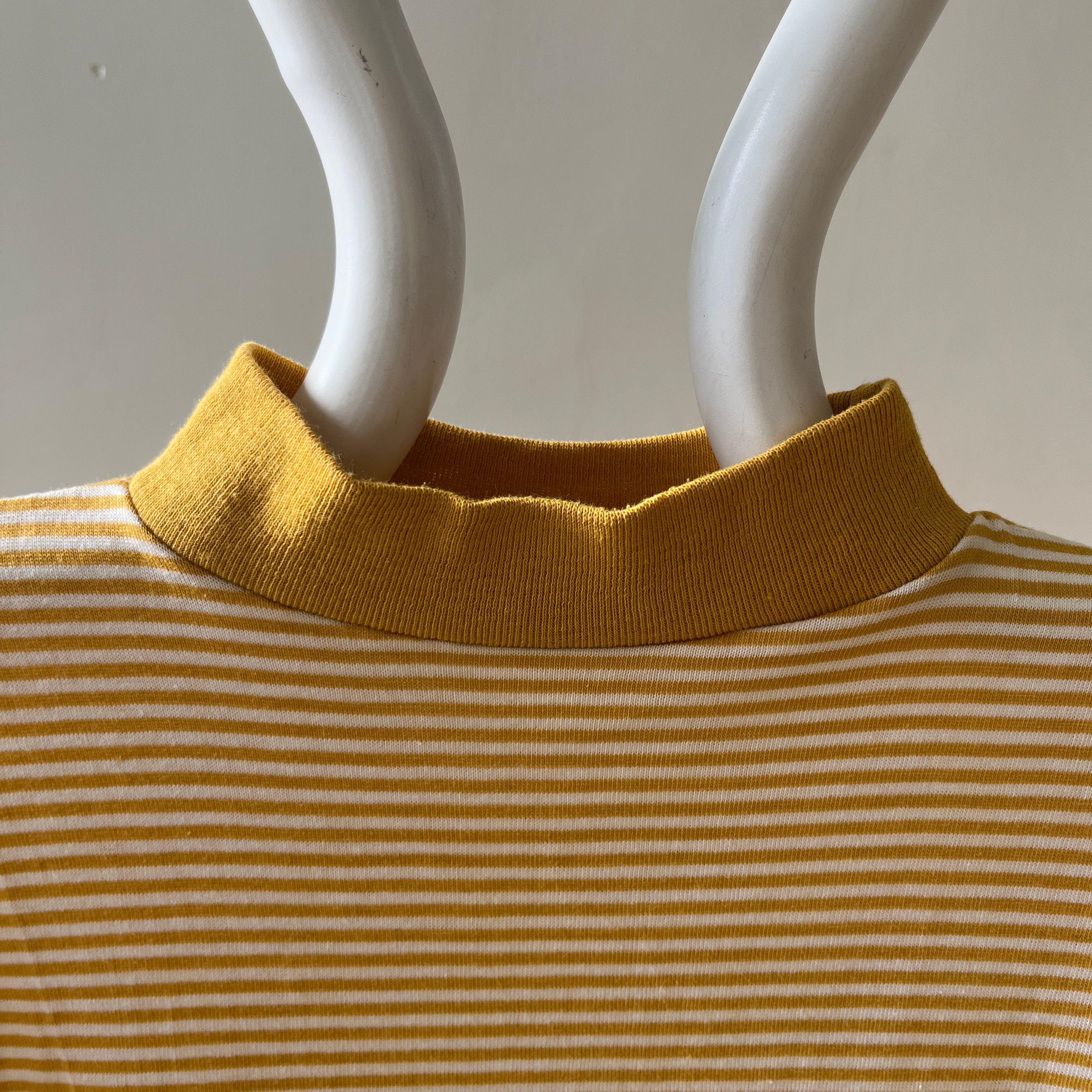 1980s Brooklyn College Mustard Yellow Striped Mock Neck T Shirt