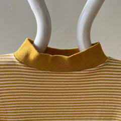 1980s Brooklyn College Mustard Yellow Striped Mock Neck T Shirt