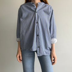 1970s French Workwear Cotton Striped Shirt with Misaligned Buttons